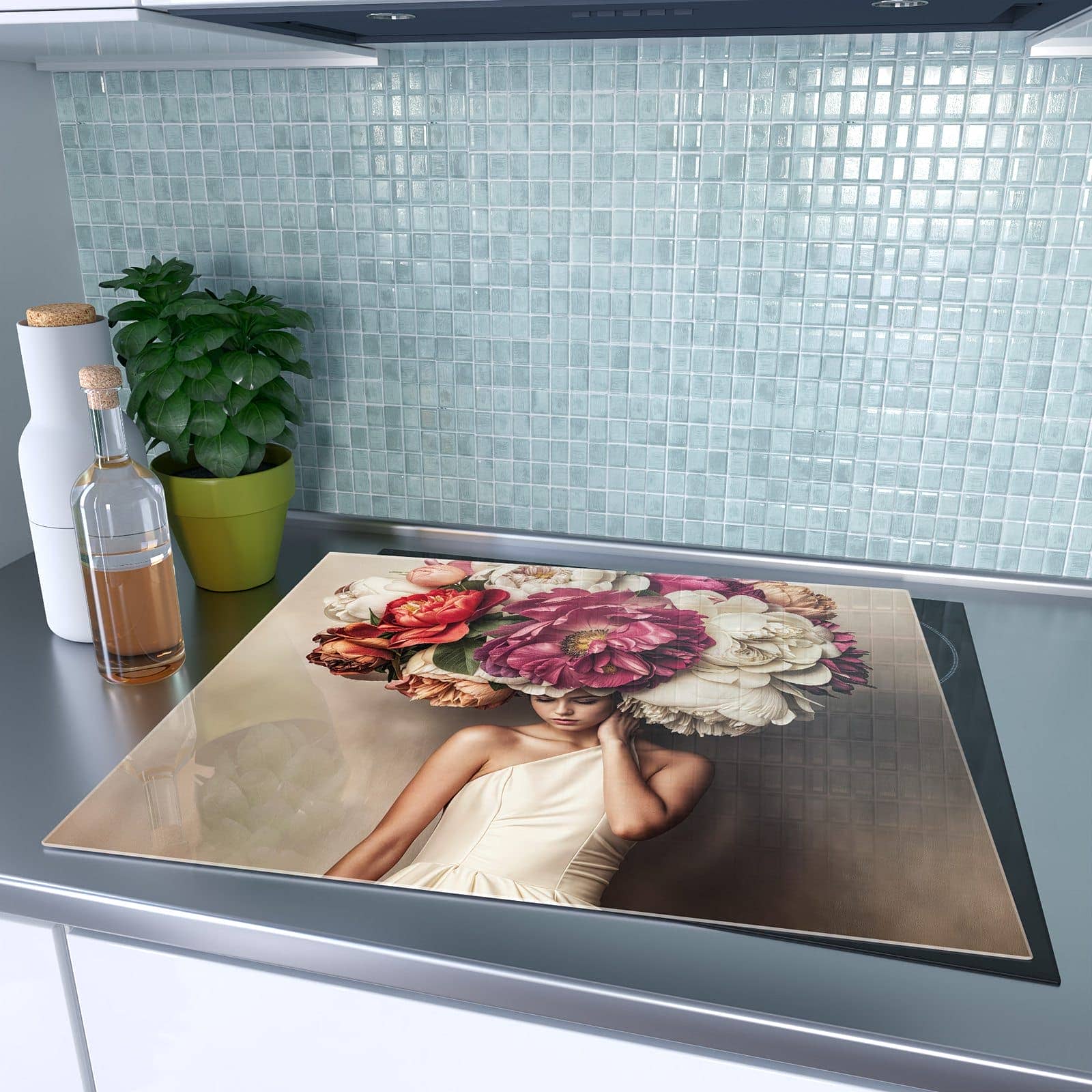1-teilige Herdabdeckplatte mit Blumenhut Portrait-Motiv auf dem Ceranfeld