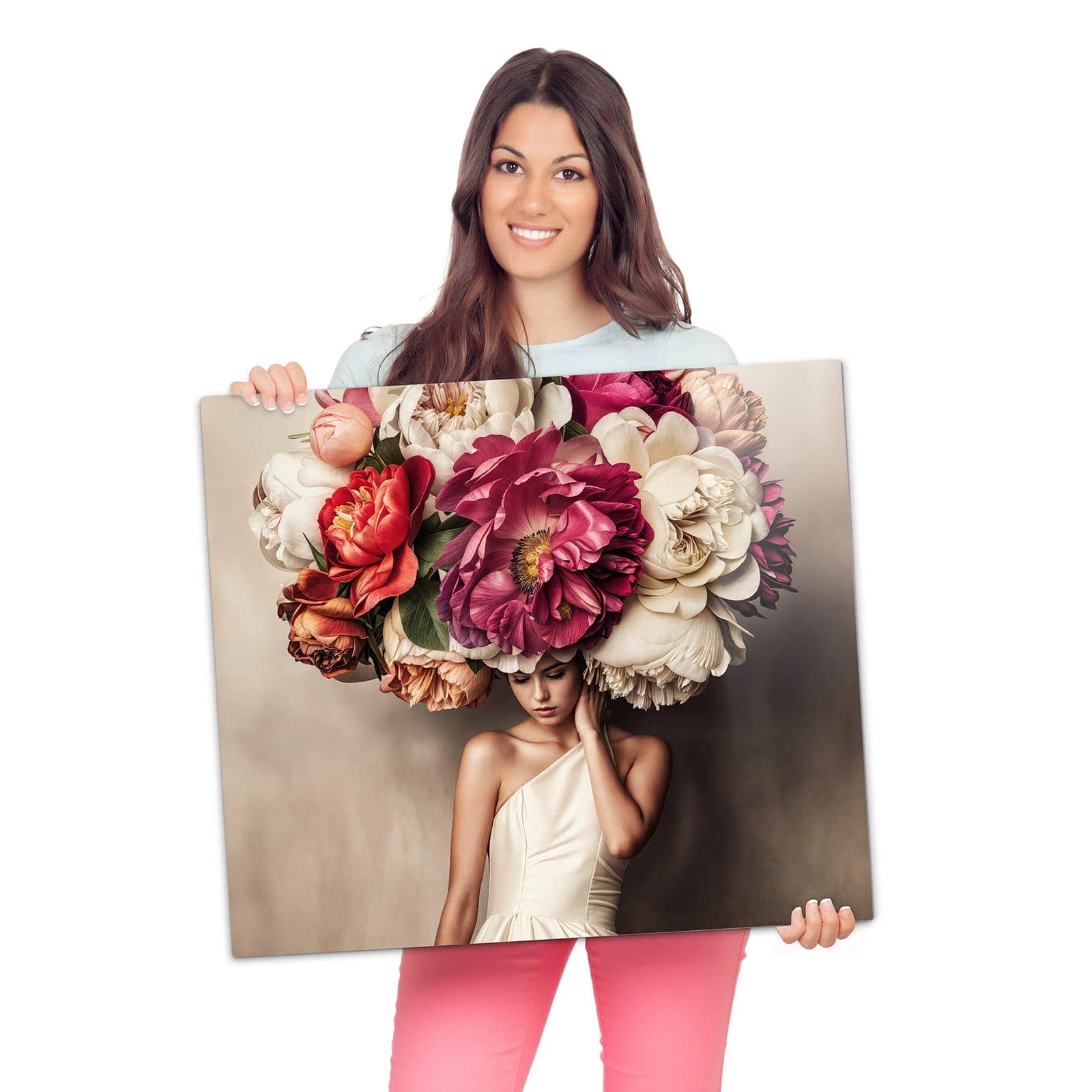 Herdabdeckplatten für Ceranfeld mit Blumenhut Portrait-Motiv wird zur Größendarstellung gehalten
