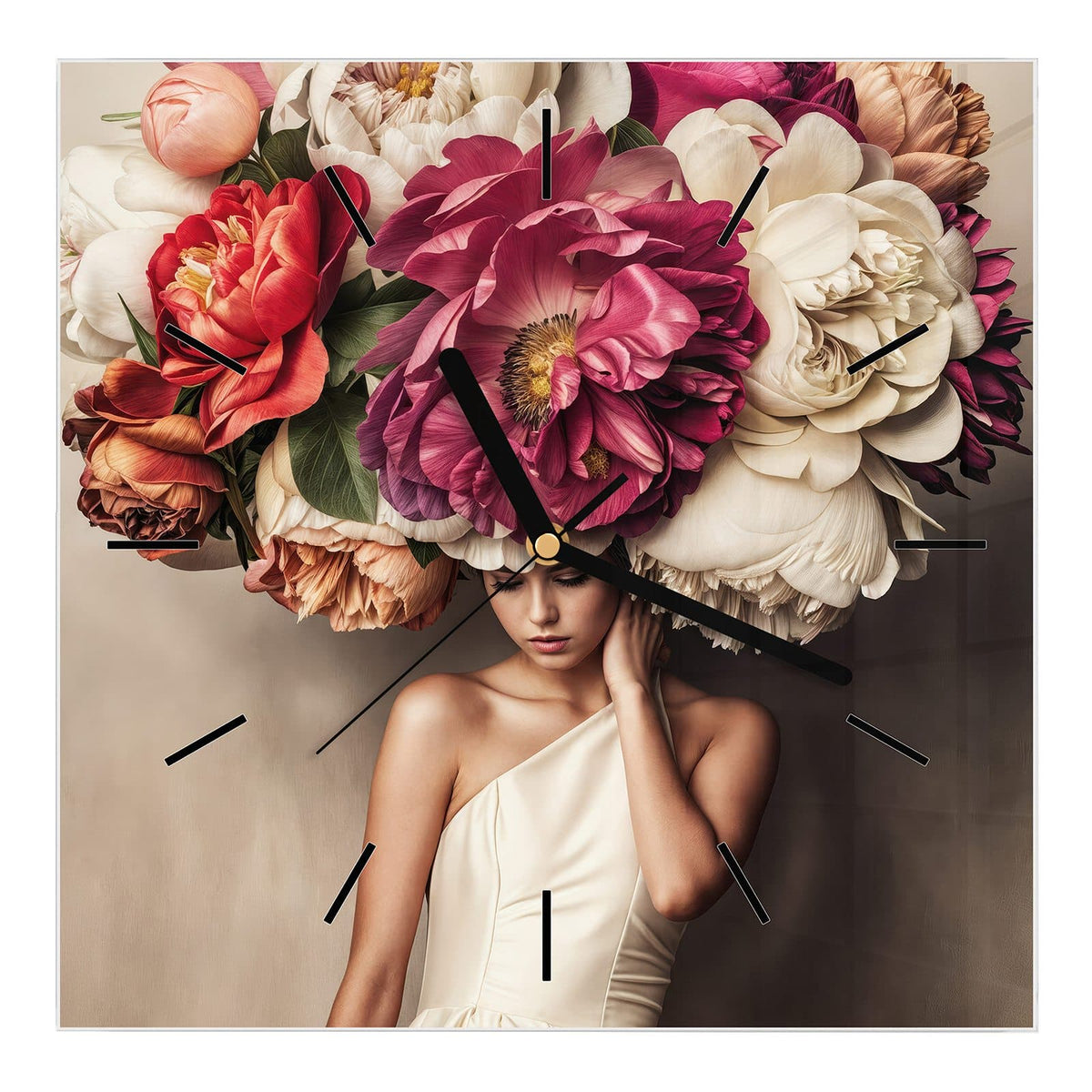 Wanduhr aus Glas, Ziffernblatt Linie mit Motiv Frau mit Blumenhut: Frau in cremefarbenem Kleid mit riesigem Hut aus Pfingstrosen und Rosen