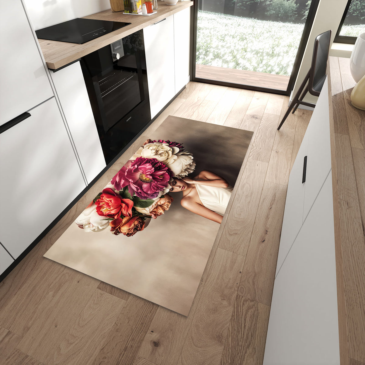 Geruchsneutraler rutschfester Küchenteppich mit Motiv Blumenhut Portrait in moderner Küche