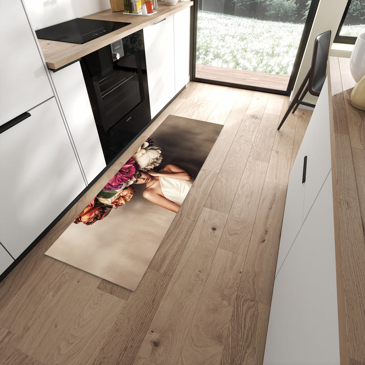 Waschbarer Küchenteppich mit Motiv Blumenhut Portrait in moderner Küche für sichere Aufbewahrung