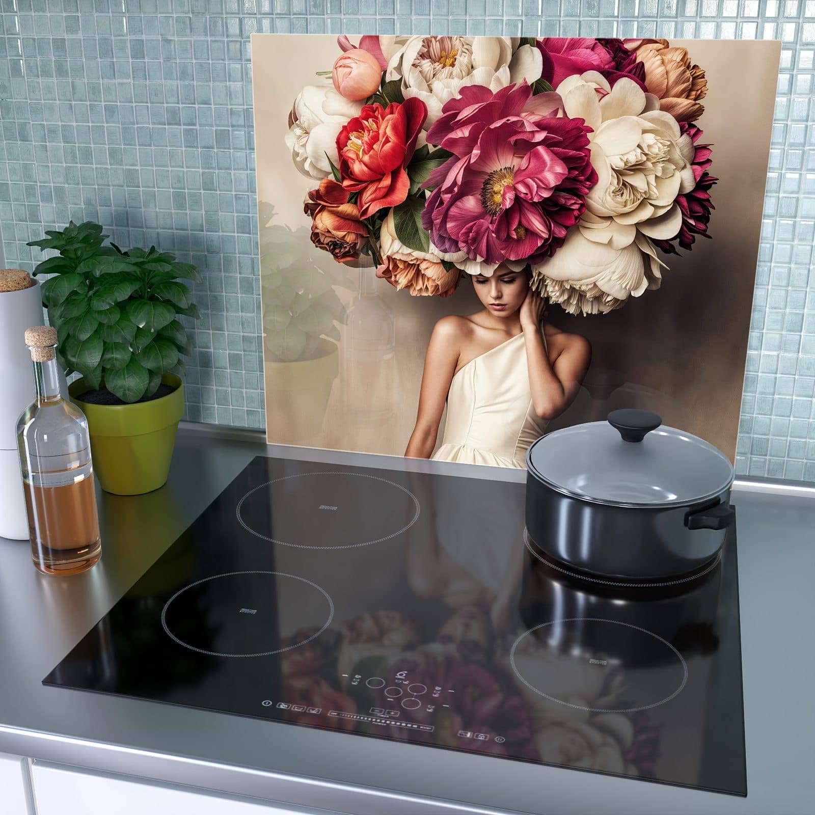1-teilige Ceranfeld Abdeckungen mit Blumenhut Portrait-Motiv als Spritzschutz hinter dem Kochfeld