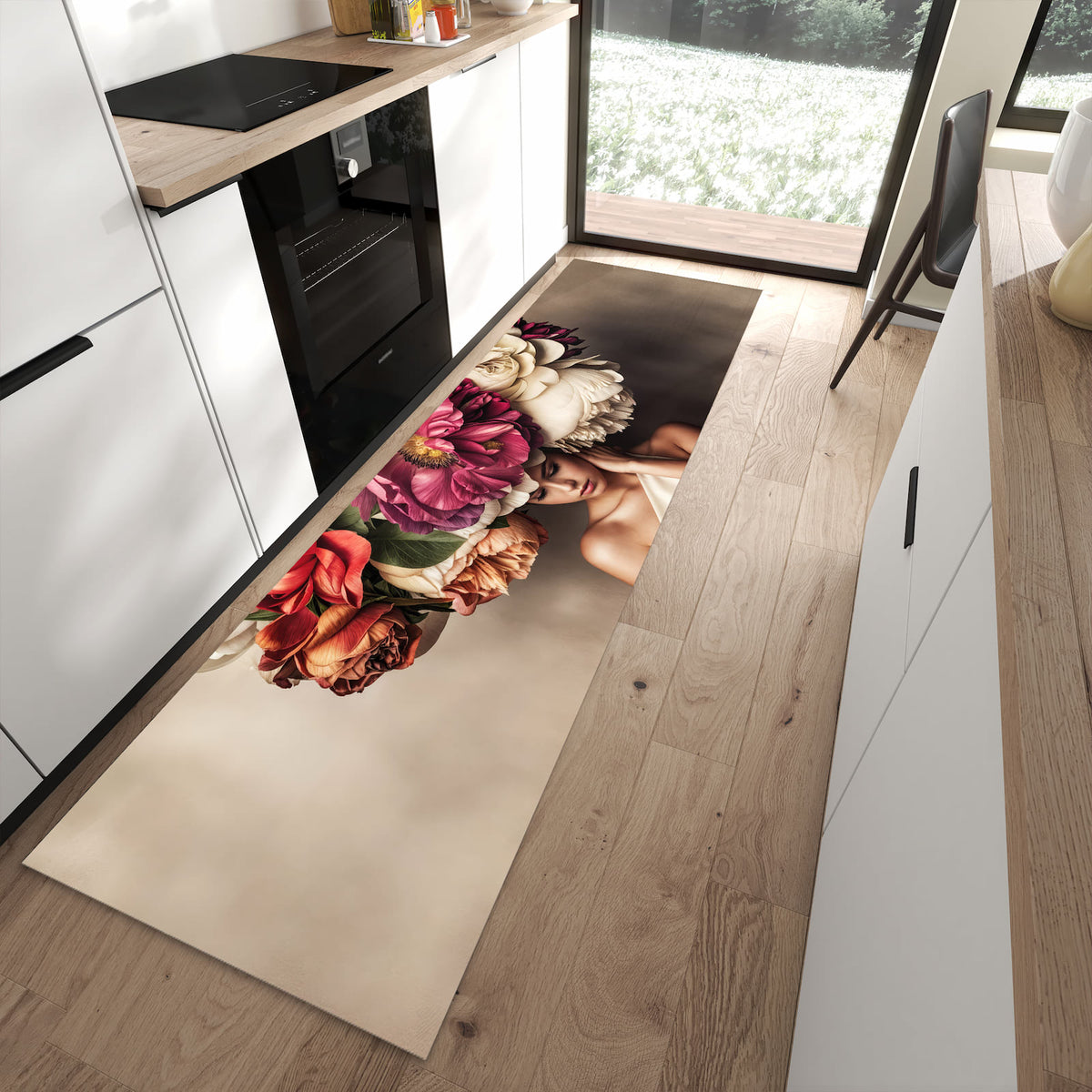 Fleckenresistenter waschbarer Küchenteppich mit Motiv Blumenhut Portrait in moderner Küche