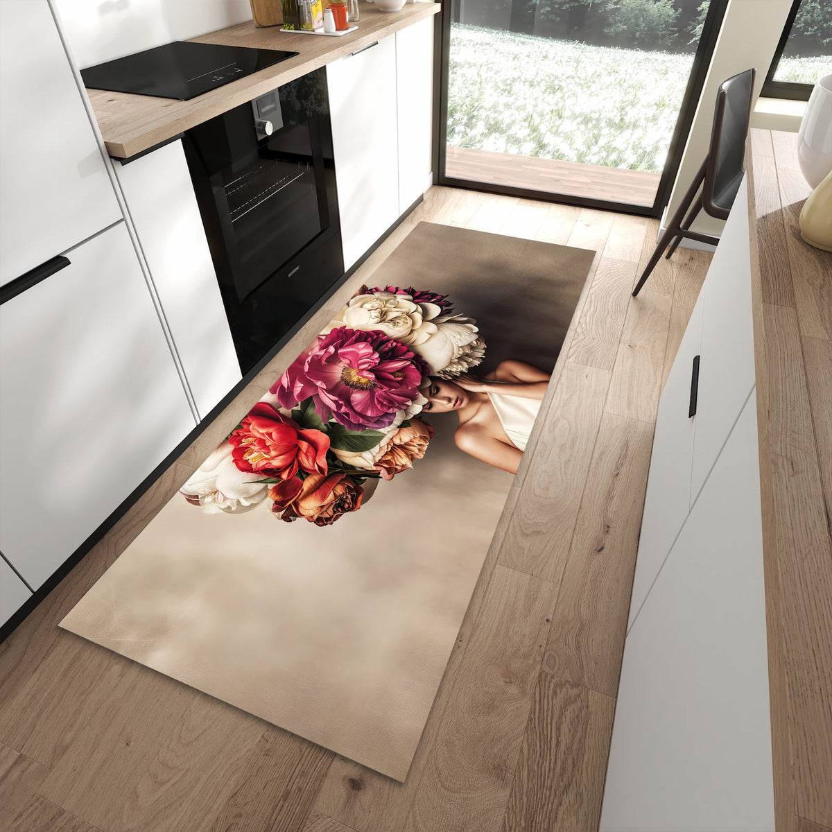 Langlebiger Küchenteppich mit Motiv Blumenhut Portrait in moderner Küche