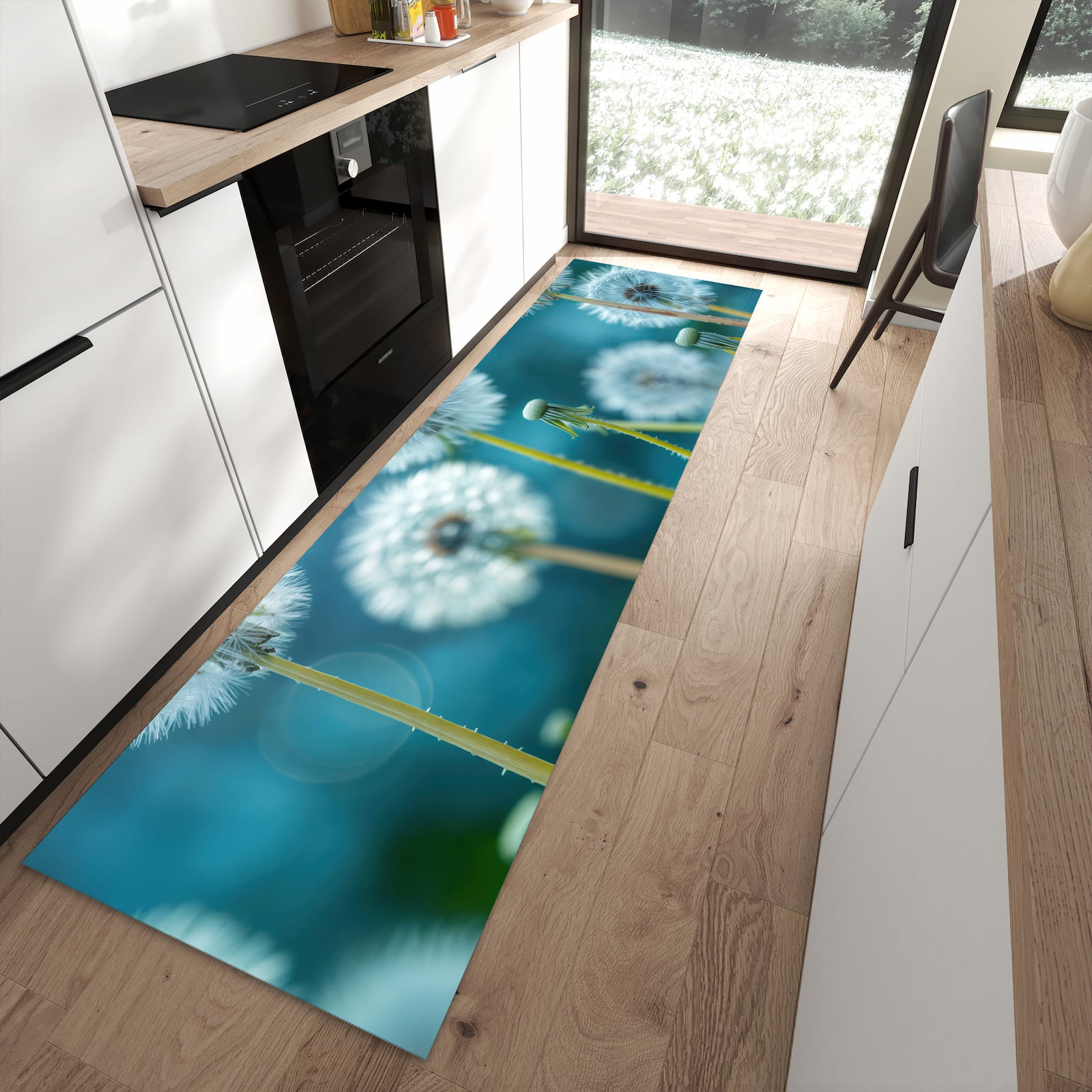 Feuchtigkeitsresistenter waschbarer Küchenläufer mit Motiv Löwenzahnwiese in moderner Küche