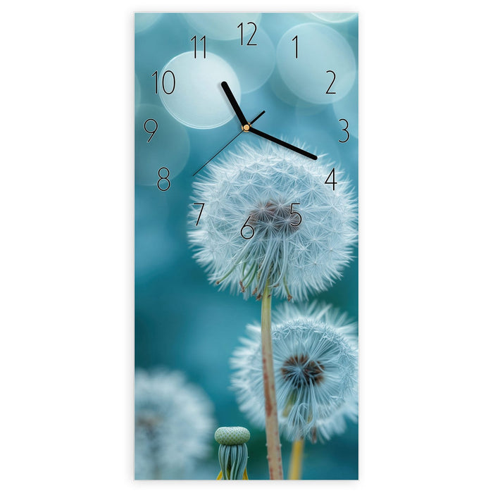 Wanduhr Löwenzahnwiese aus Glas – Hochformat 30 × 60 cm mit Ziffernblatt Elegant