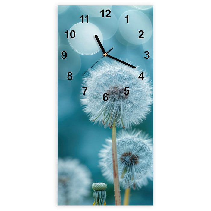 Wanduhr Löwenzahnwiese aus Glas – Hochformat 30 × 60 cm mit Ziffernblatt Modern