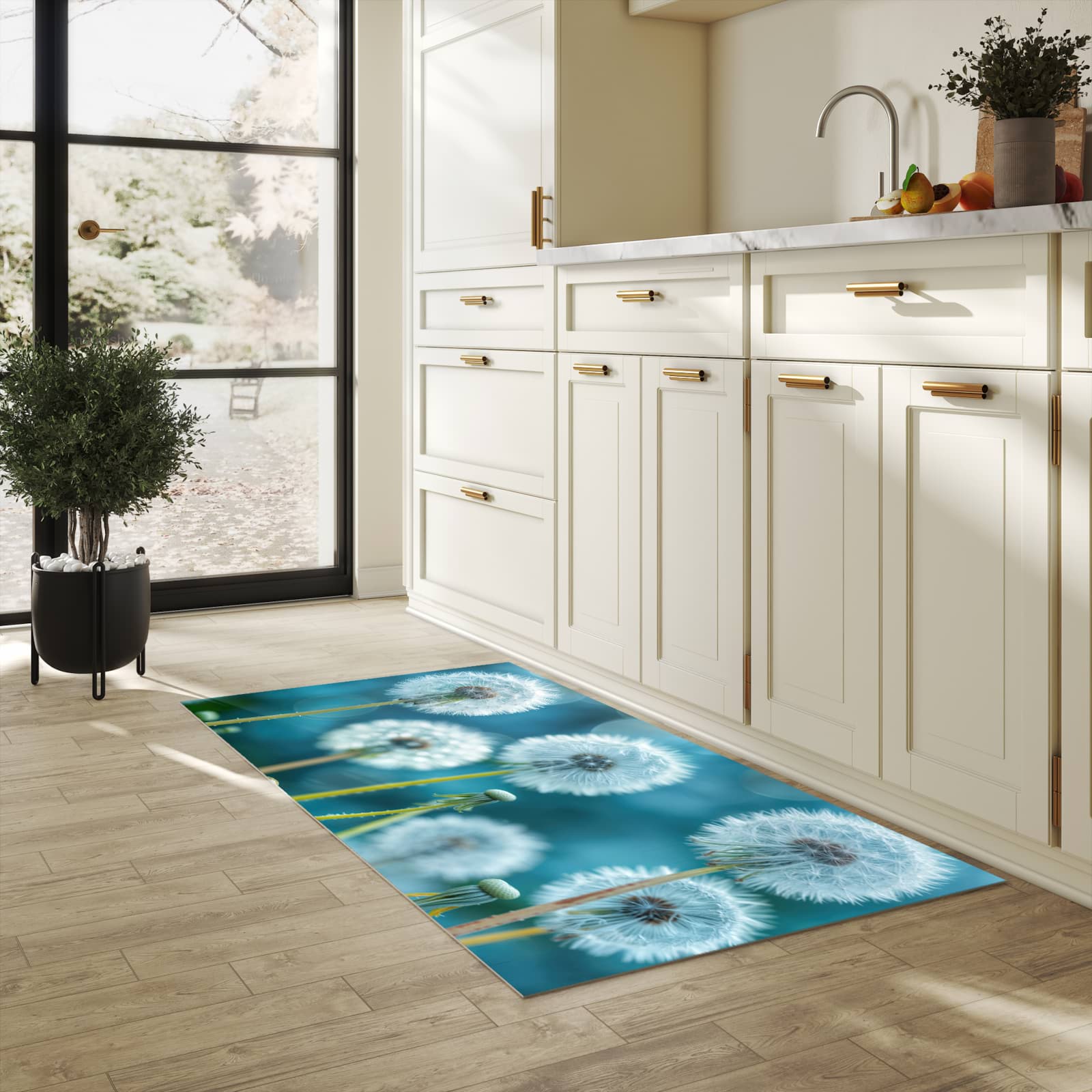 Bodenschonender Küchenteppich mit Motiv Löwenzahnwiese in heller Küche