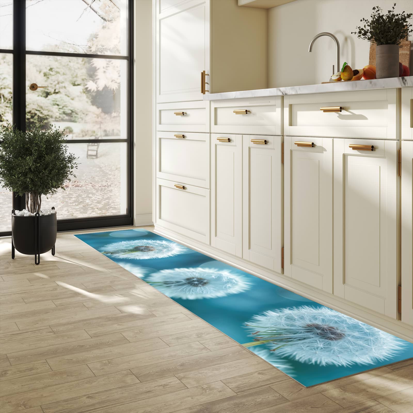 Hygienischer Teppich fürs Esszimmer mit Motiv Löwenzahnwiese in heller Küche