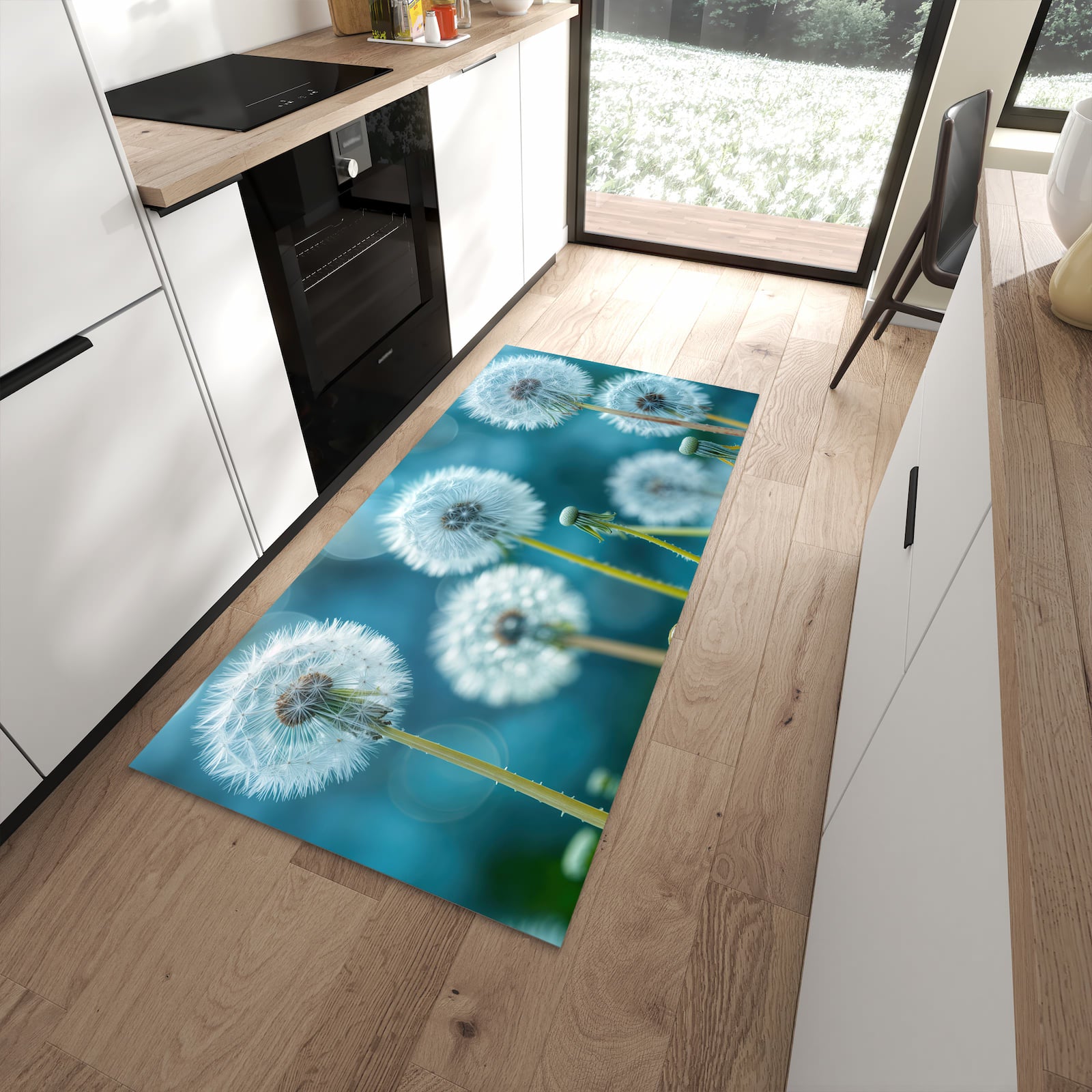 Küchenläufer mit Motiv Löwenzahnwiese für Ordnung im Eingangsbereich moderner Küche