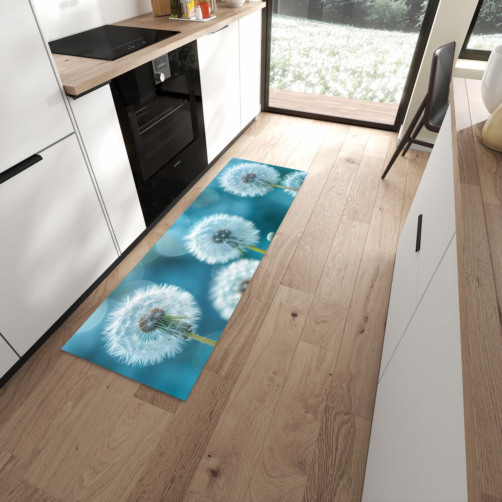 Pflegeleichter Küchenläufer mit Motiv Löwenzahnwiese in moderner Küche