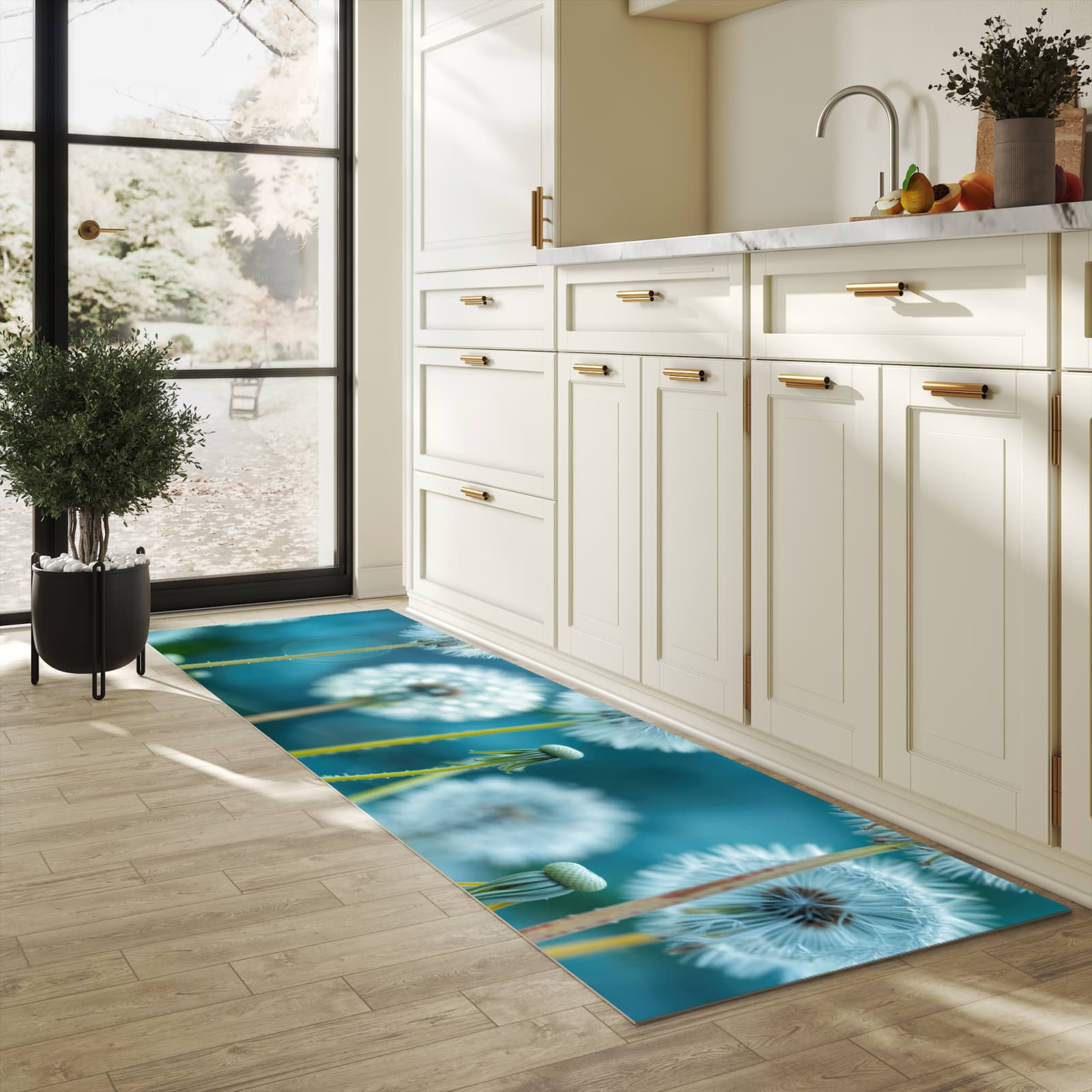 Rutschfester Bodenläufer-Teppich mit Motiv Löwenzahnwiese in heller Küche