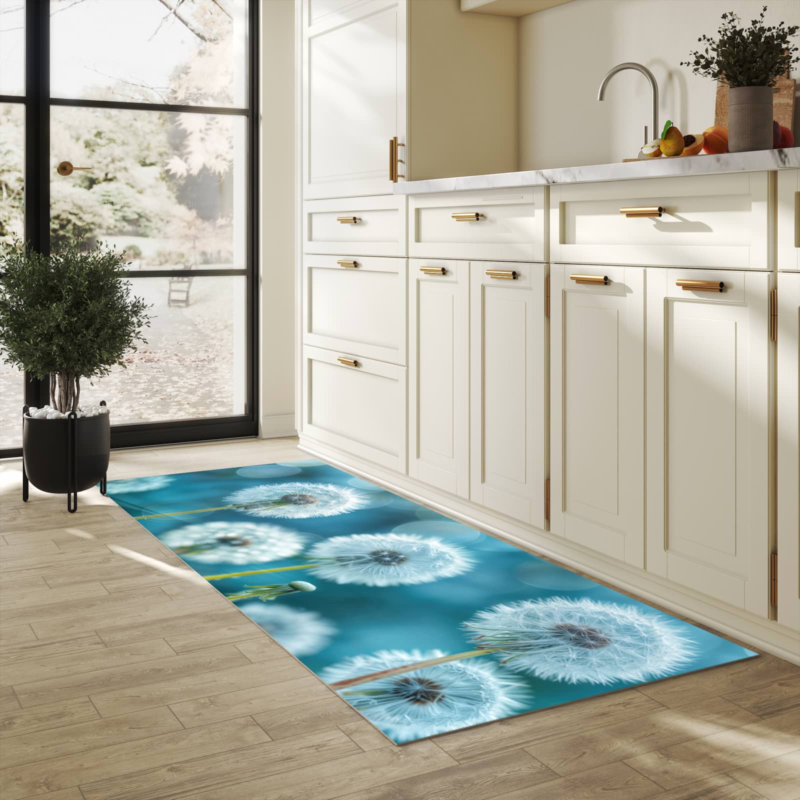 Küchenteppich mit Motiv Löwenzahnwiese für Ordnung & Übersicht in heller Küche