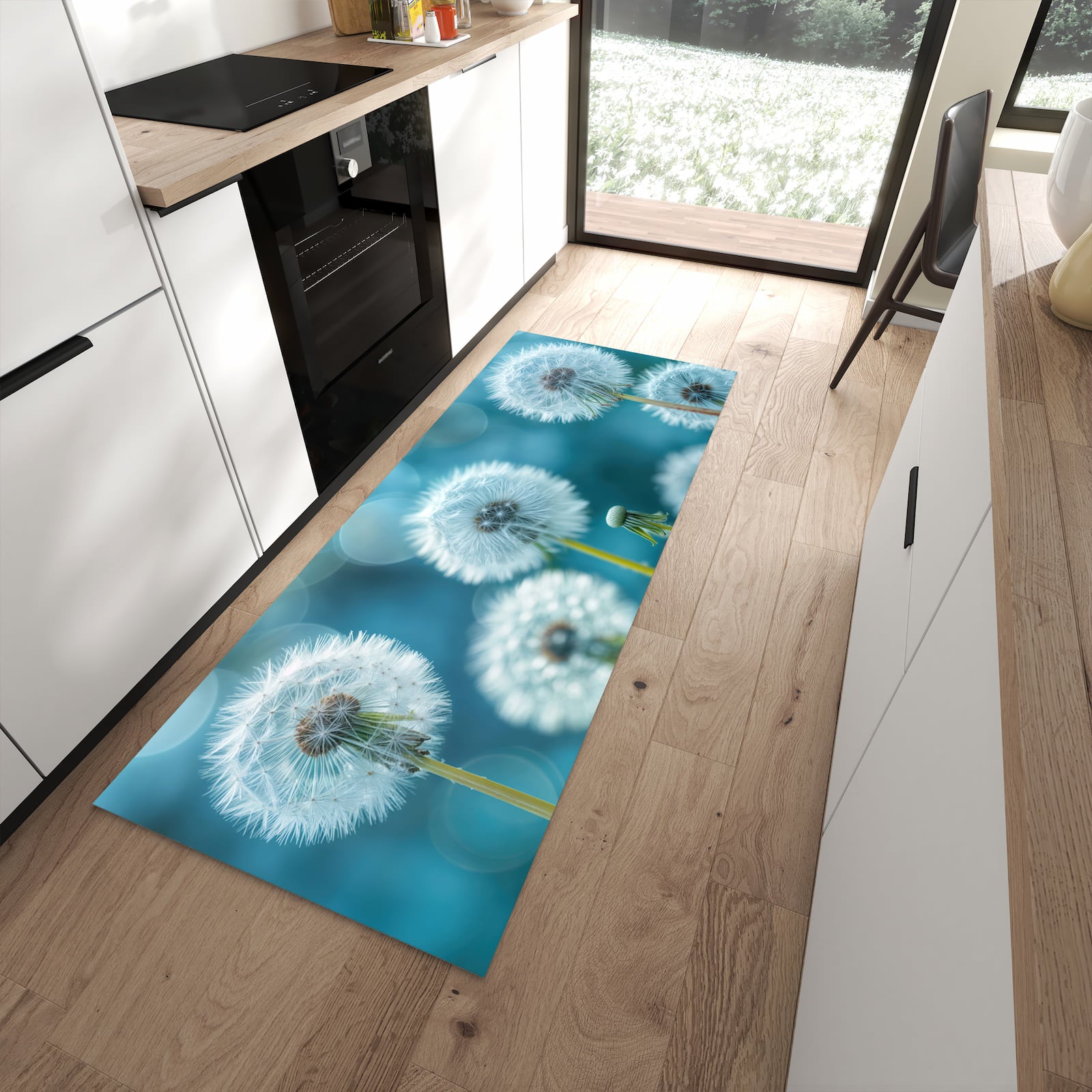 Langlebiger Küchenläufer mit Motiv Löwenzahnwiese in moderner Küche