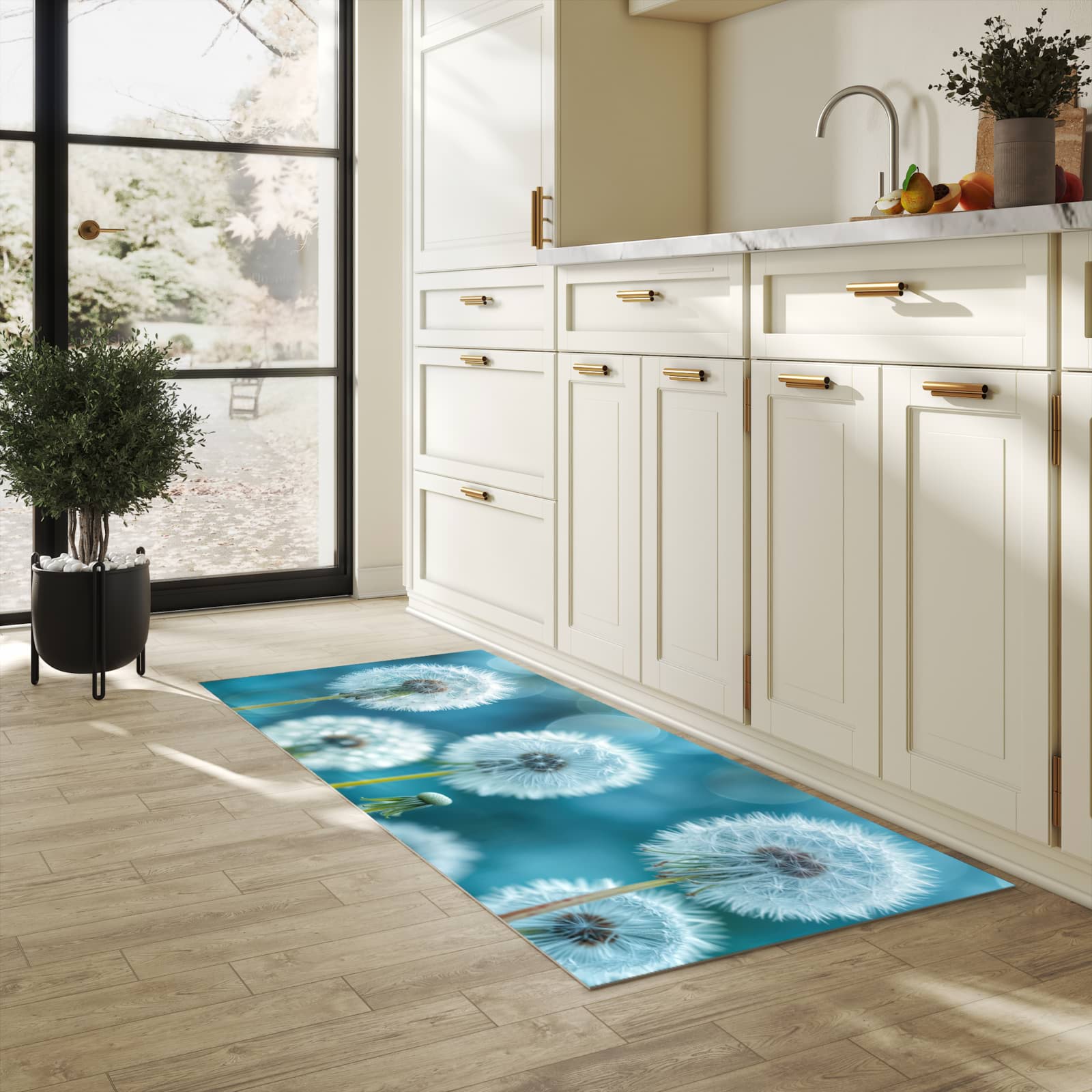 Waschbarer rutschfester Küchenteppich mit Motiv Löwenzahnwiese in heller Küche