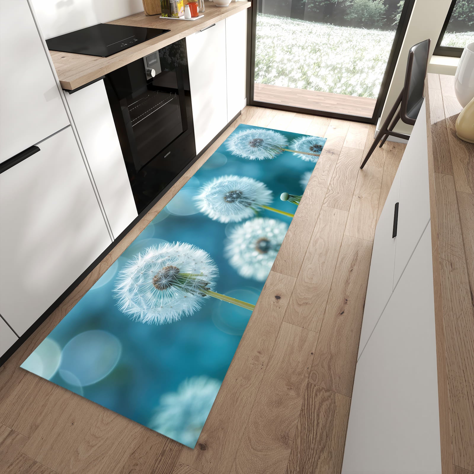 Rutschfester waschbarer Küchenläufer mit Motiv Löwenzahnwiese in moderner Küche