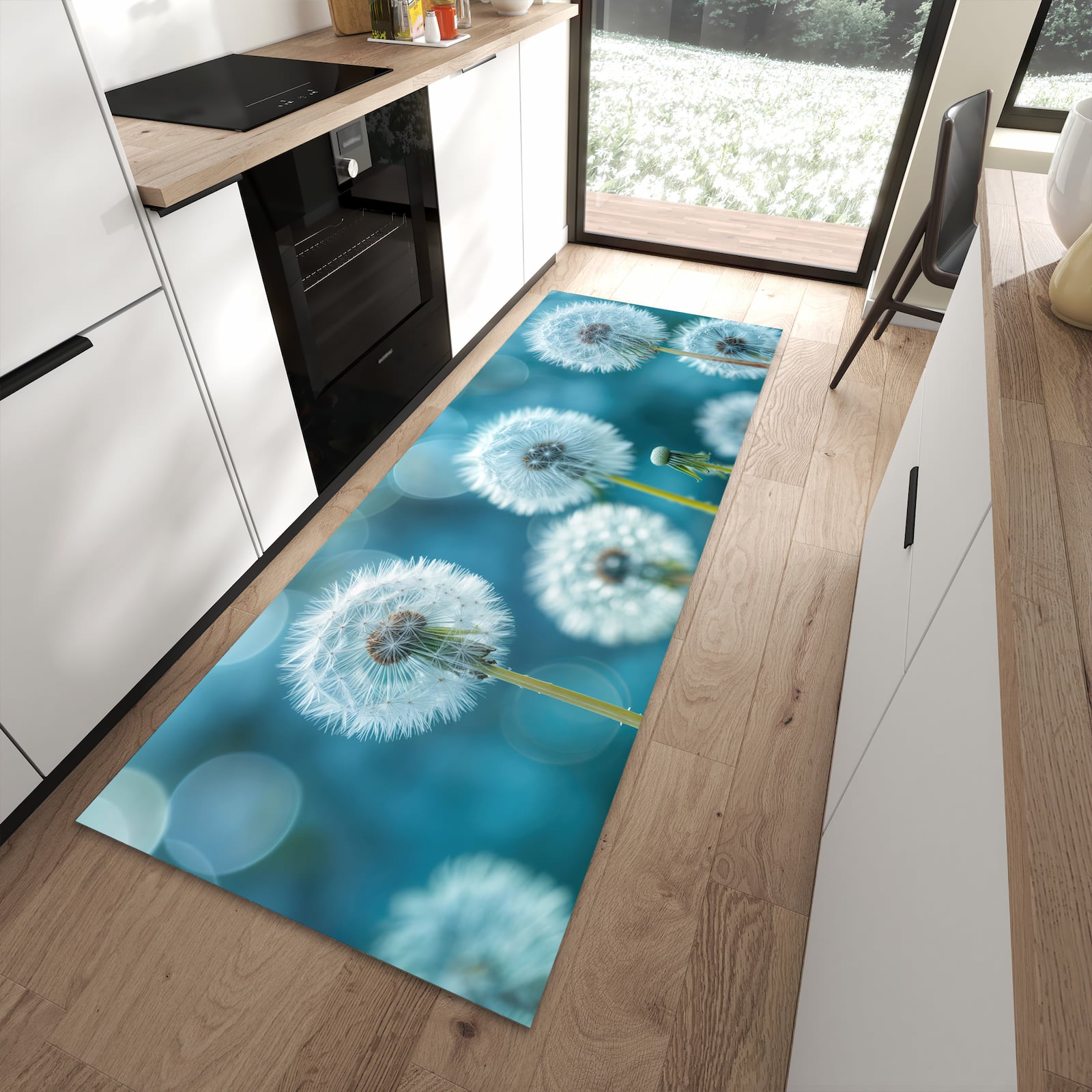 Bodenschonender rutschfester Läufer mit Motiv Löwenzahnwiese in moderner Küche