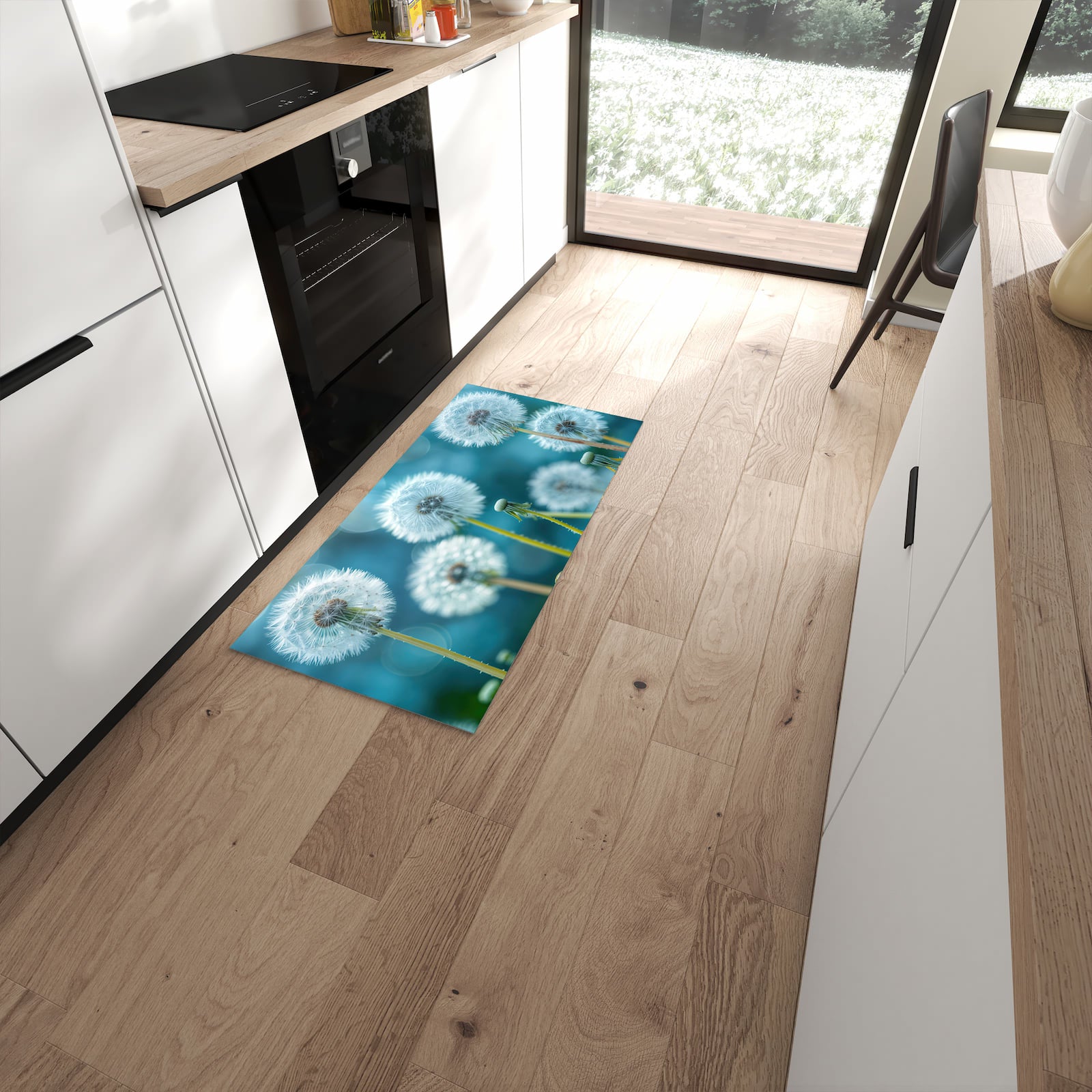 Komfortabler Küchenläufer mit Motiv Löwenzahnwiese in moderner Küche #grösse_60 x 120 cm