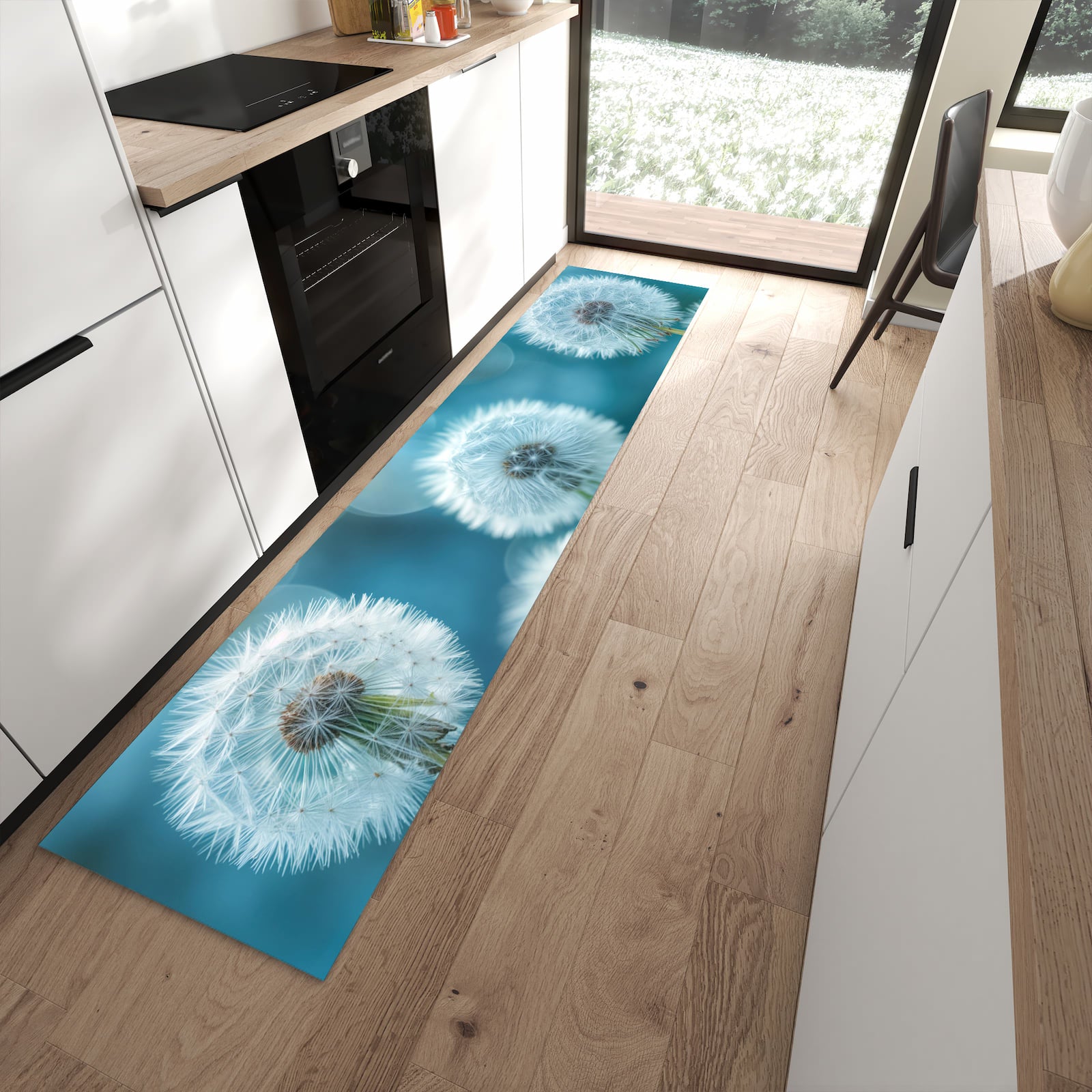 Hygienischer Küchenteppich mit Motiv Löwenzahnwiese in moderner Küche - waschbar