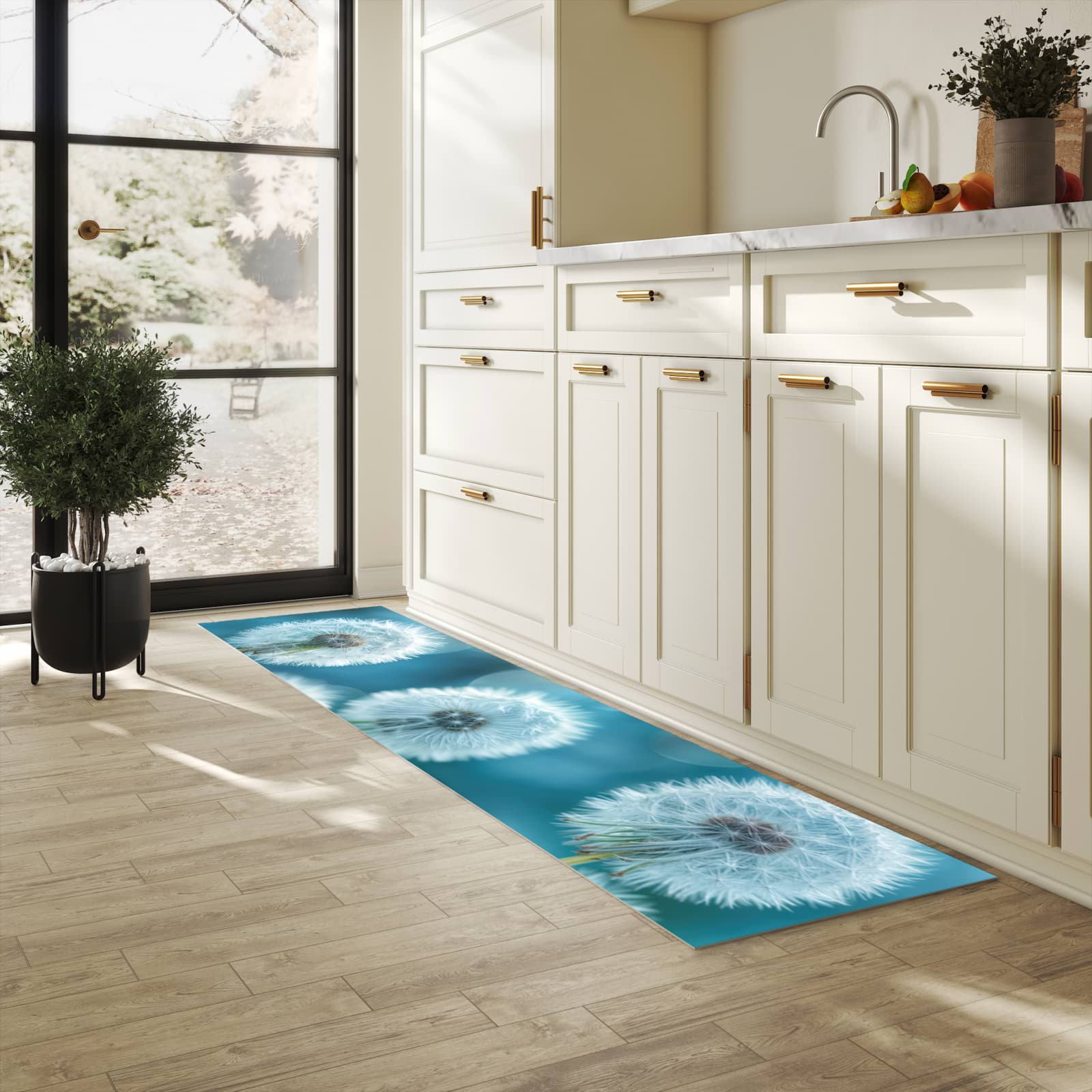 Dünner waschbarer Küchenteppich mit Motiv Löwenzahnwiese für angenehme Haptik in heller Küche