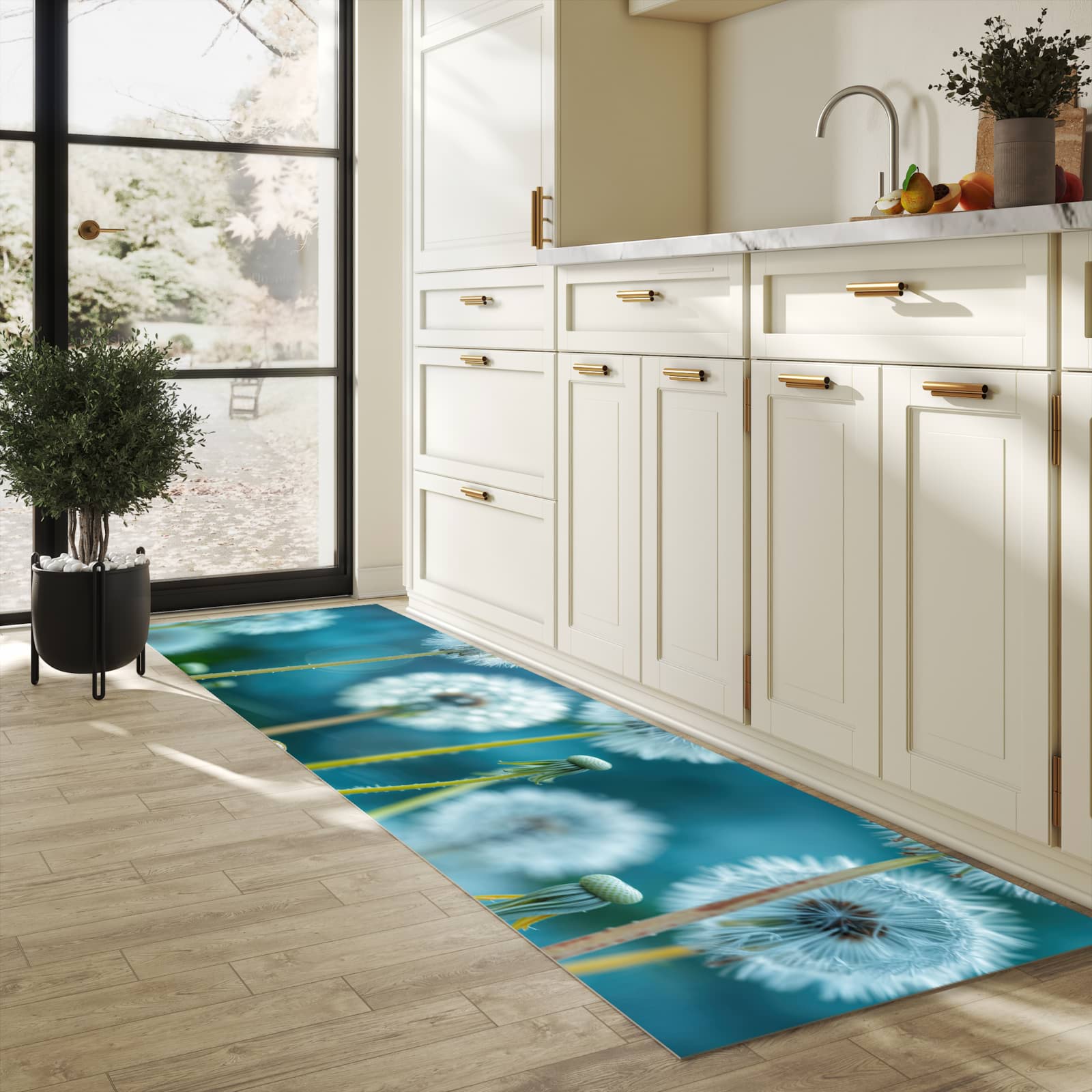 Feuchtigkeitsresistenter Küchenteppich mit Motiv Löwenzahnwiese in heller Küche