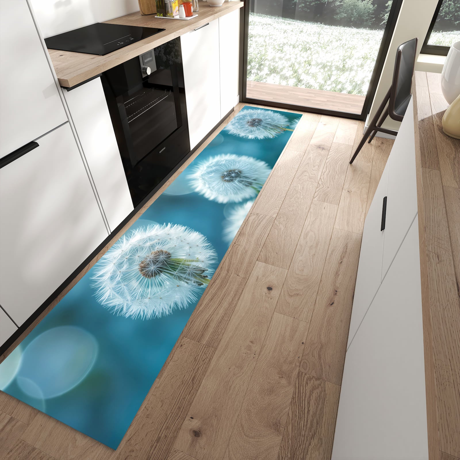 Strapazierfähiger Küchenläufer mit Motiv Löwenzahnwiese in moderner Küche