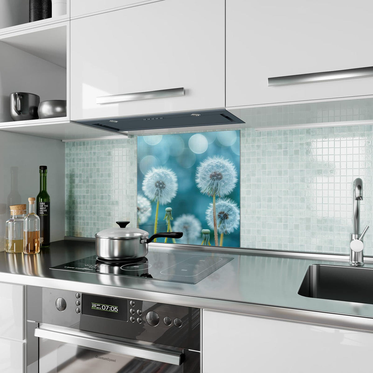 Küchenrückwand aus Glas Pusteblumen in Türkis im quadratischen Format als Spritzschutz hinter dem Kochfeld, über dem Fliesenspiegel montiert
