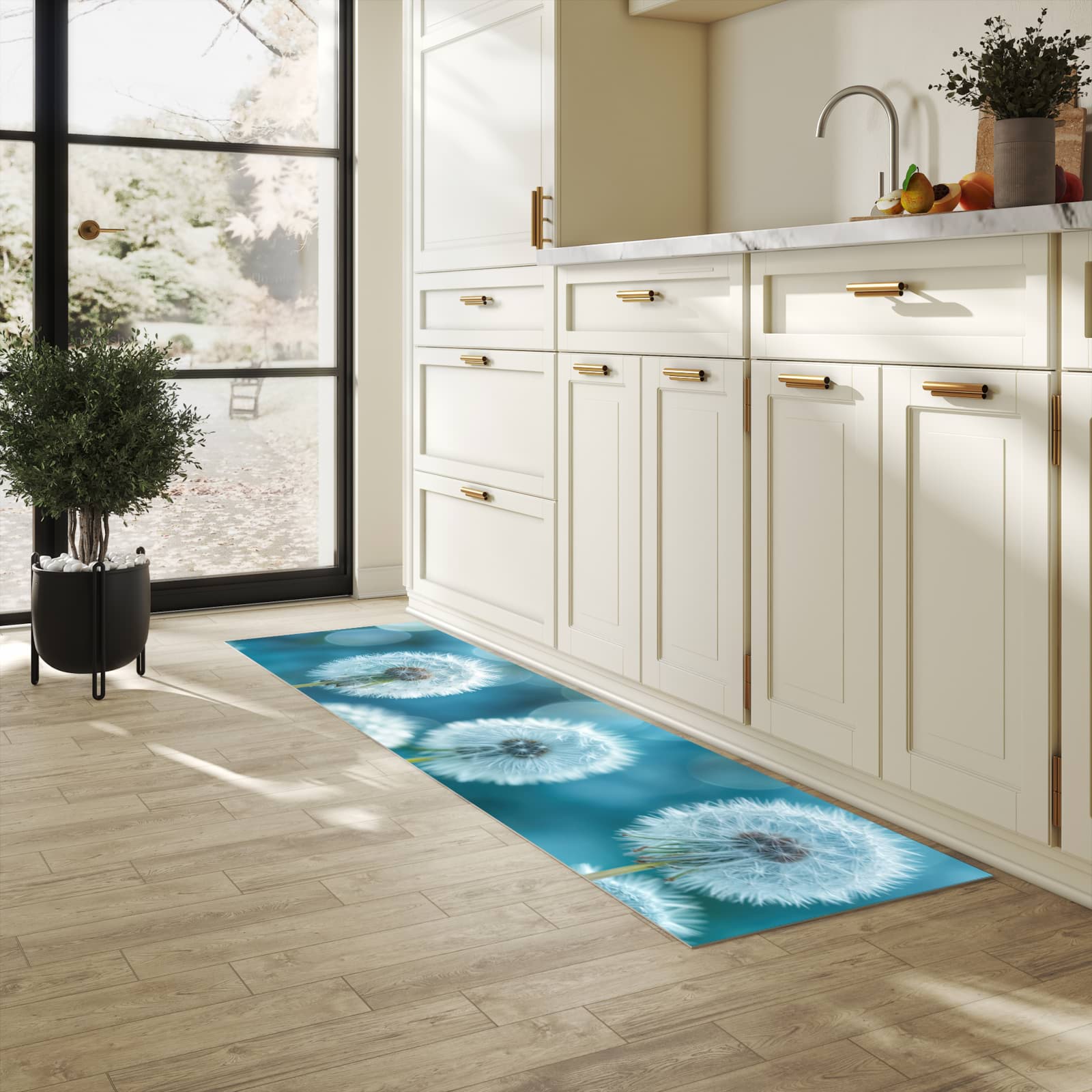 Rutschfester Küchenteppich mit Motiv Löwenzahnwiese in heller Küche, einfach zu reinigen