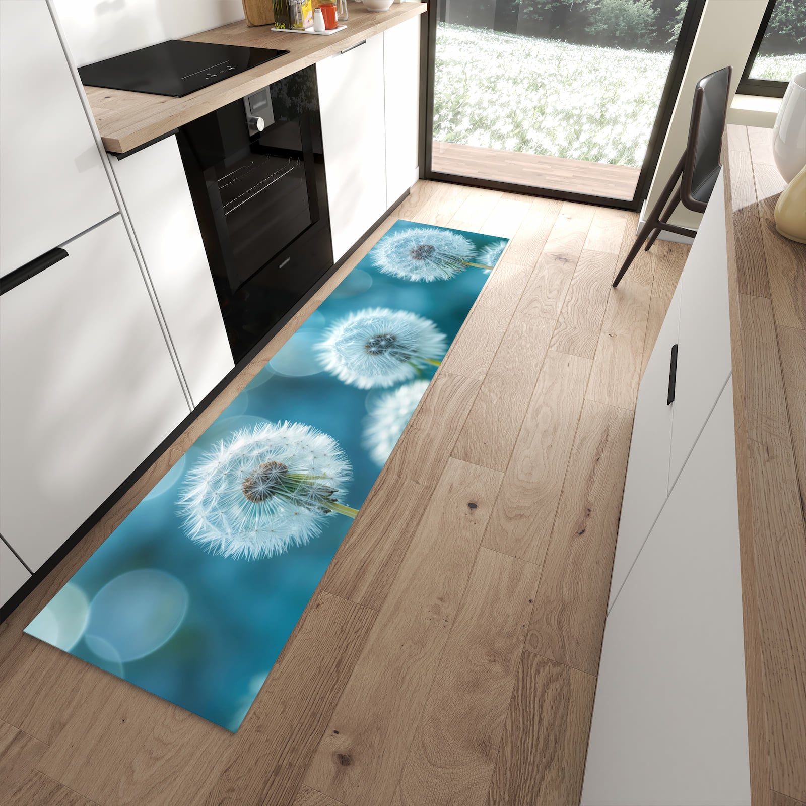 Küchenvorleger mit Motiv Löwenzahnwiese für angenehme Haptik in moderner Küche