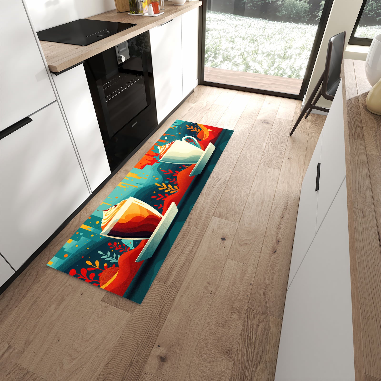 Geräuschdämpfender abwaschbarer Küchenläufer mit Motiv Kaffee Am Abend in moderner Küche