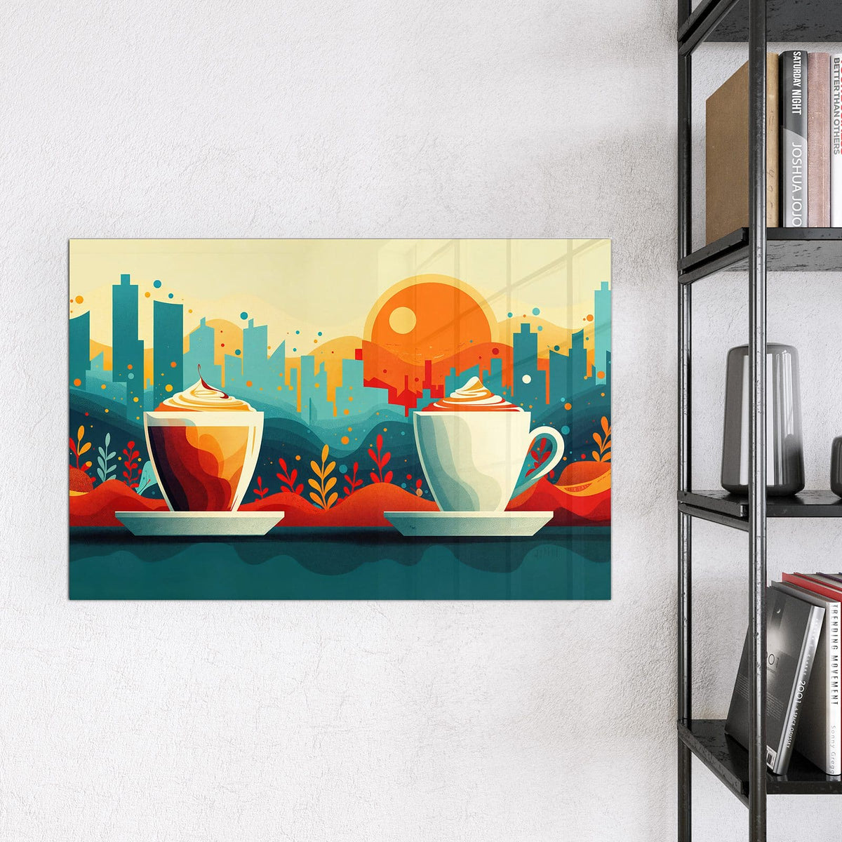 Magnettafel - Kaffee mit Stadtblick – Kaffeetasse vor Stadt und Sonne