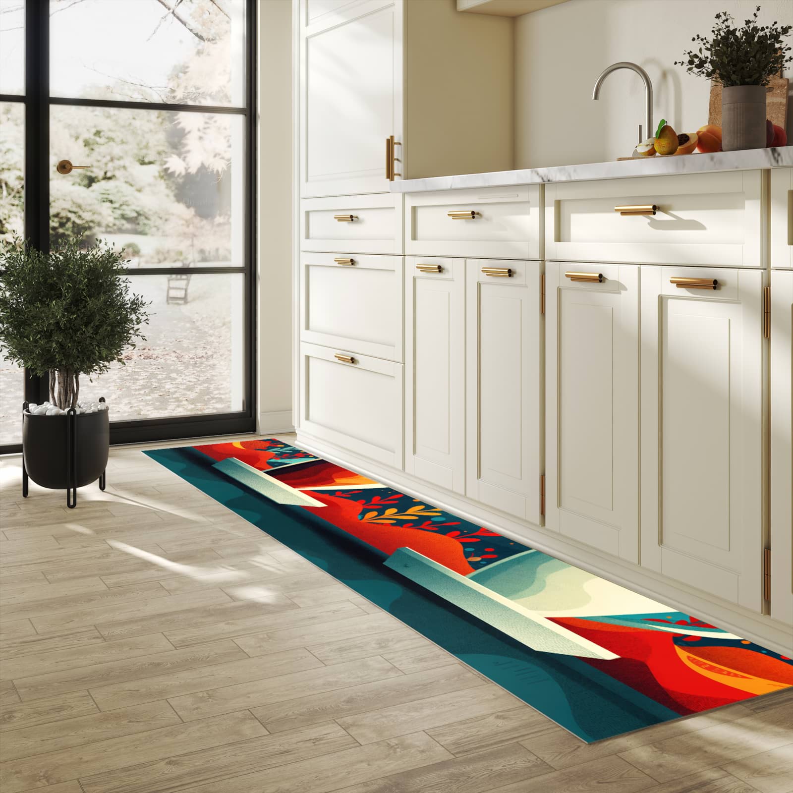 UV-beständiger Küchenvorleger mit Motiv Kaffee Am Abend in heller Küche