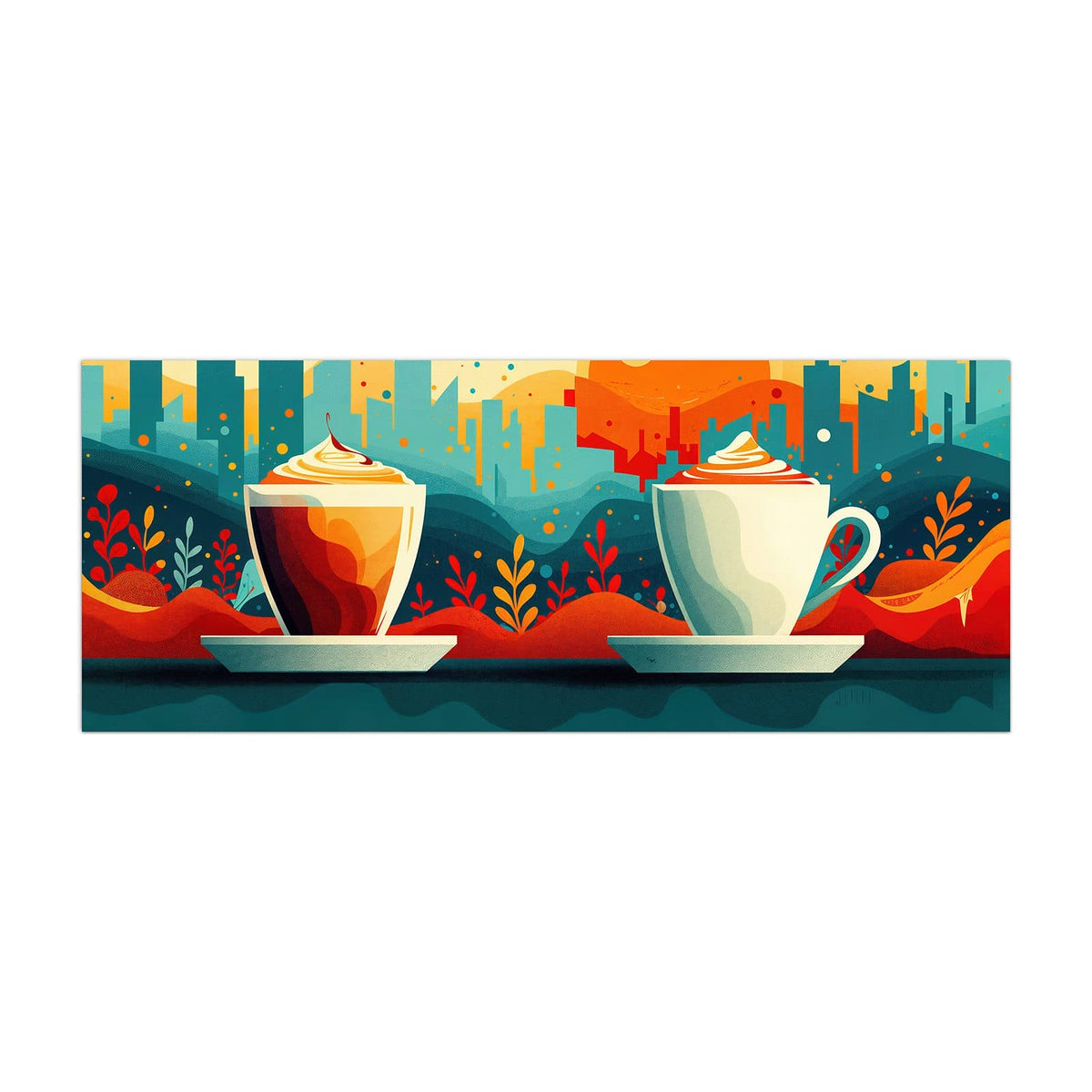 Küchenrückwand aus Glas Kaffee mit Stadtblick im Hochformat, Motiv bildfüllend von vorn
