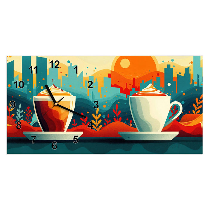 Wanduhr Kaffee Am Abend aus Glas – Querformat 60 × 30 cm mit Ziffernblatt Modern