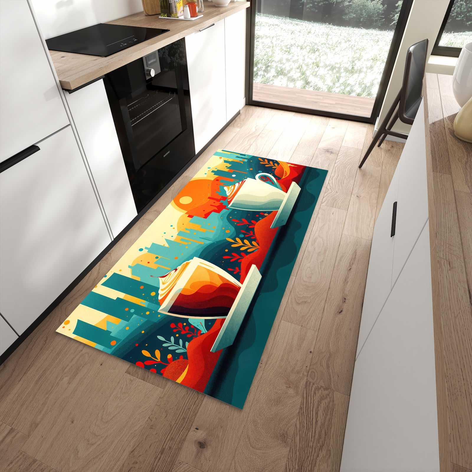 Flacher Küchenteppich mit Motiv Kaffee Am Abend in moderner Küche