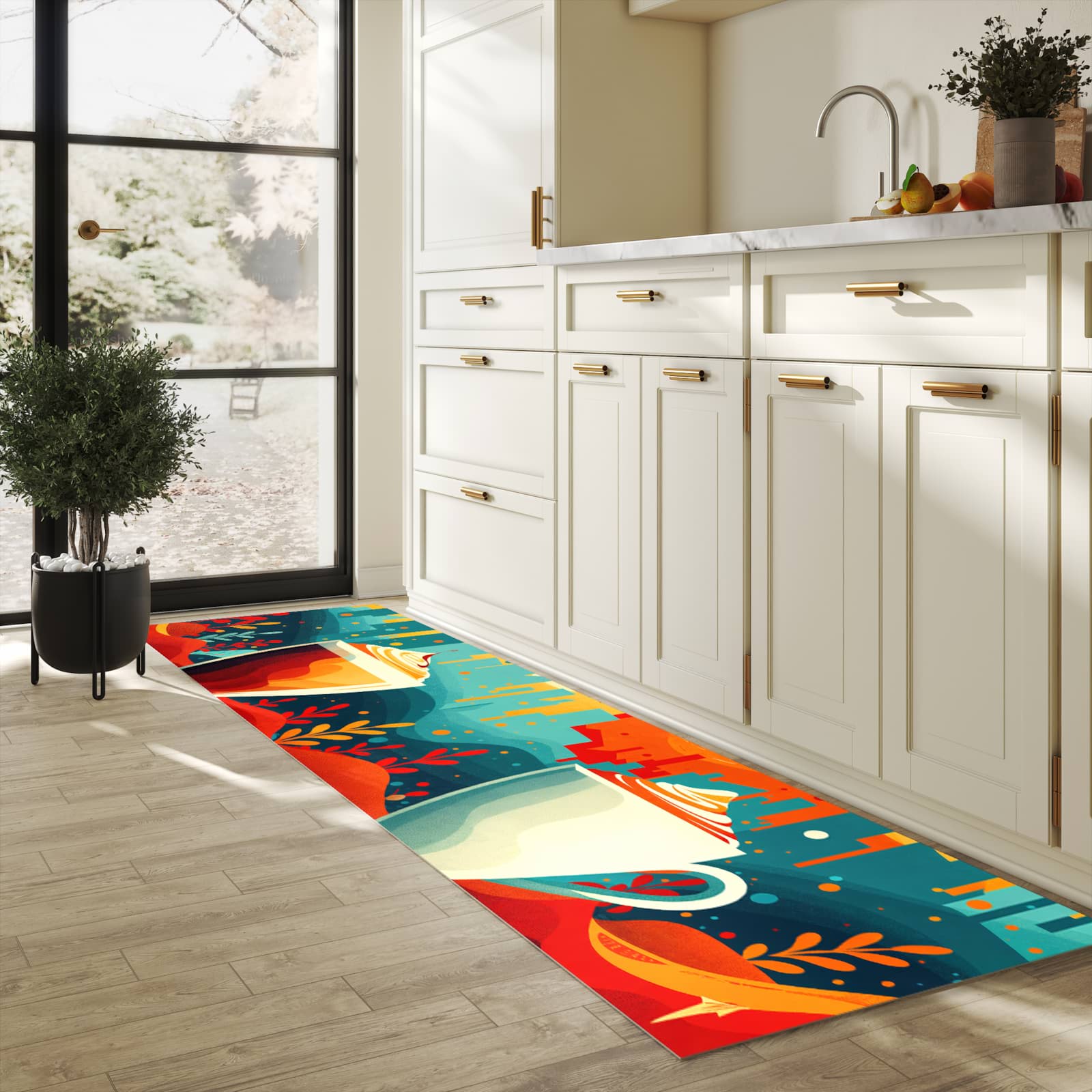 Geruchsneutraler waschbarer Läufer für die Küche mit Motiv Kaffee Am Abend in heller Küche