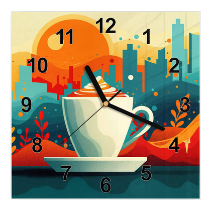 Wanduhr Quadratisch mit dem Motiv Kaffee mit Stadtblick