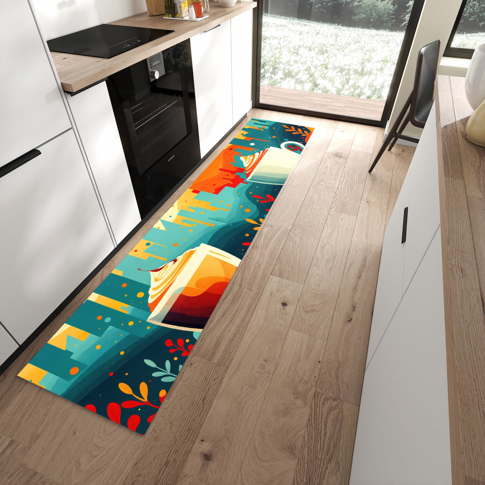 UV-beständiger Küchenteppich mit Motiv Kaffee Am Abend in moderner Küche
