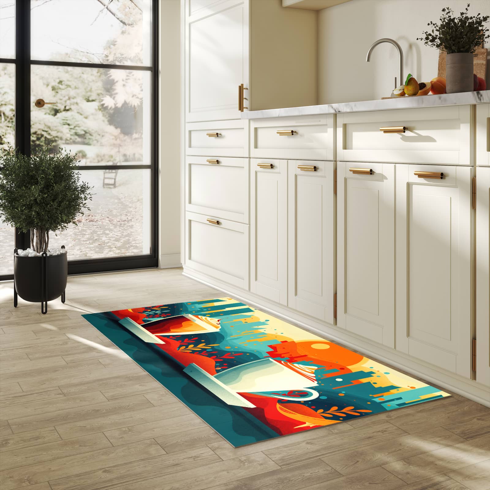 Langlebiger waschbarer Küchenläufer mit Motiv Kaffee Am Abend in heller Küche