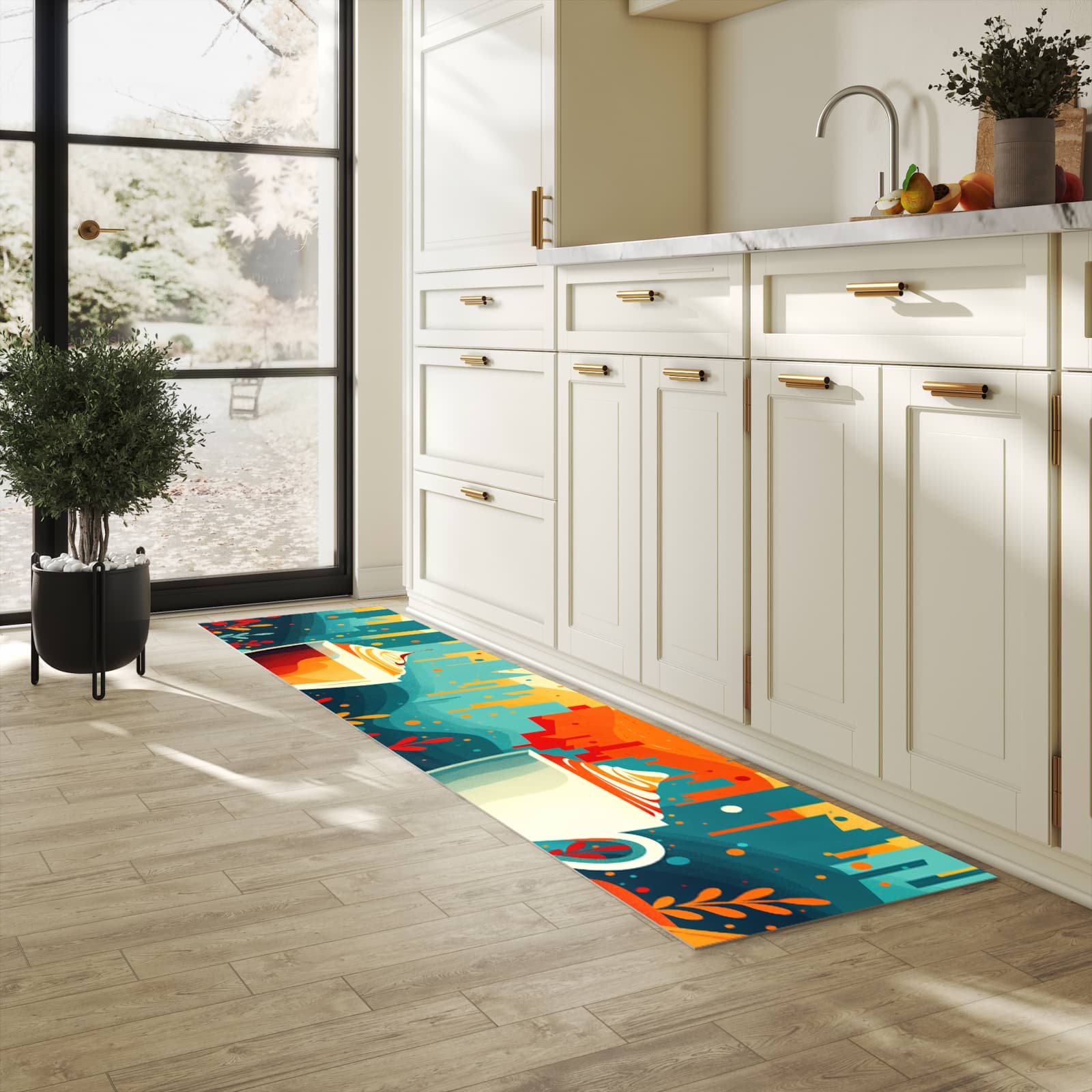 Abriebfester Küchenläufer mit Motiv Kaffee Am Abend in heller Küche