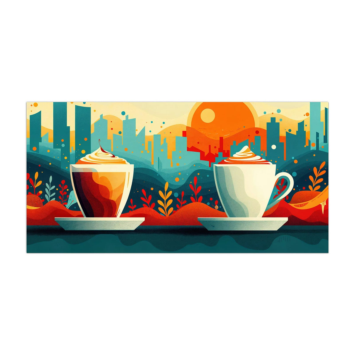 Küchenrückwand aus Glas Kaffee mit Stadtblick im Hochformat, Motiv bildfüllend von vorn