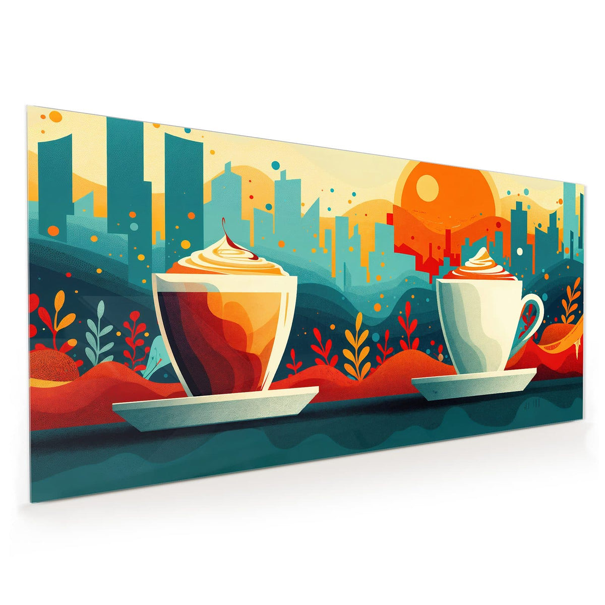 Küchenrückwand aus Glas im Hochformat mit Motiv Kaffee mit Stadtblick: Retro-Illustration