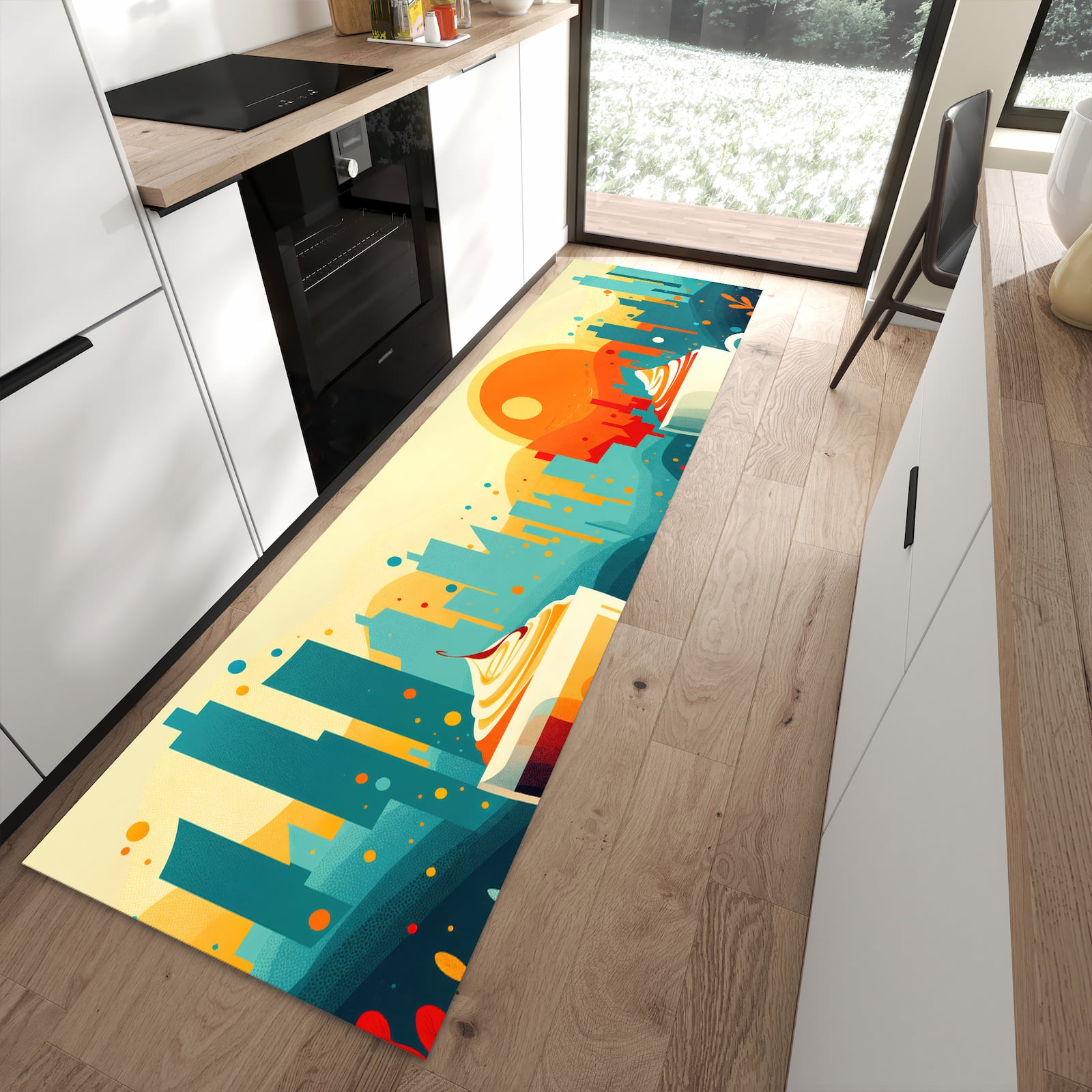 Geruchsneutraler Küchenteppich mit Motiv Kaffee Am Abend in moderner Küche