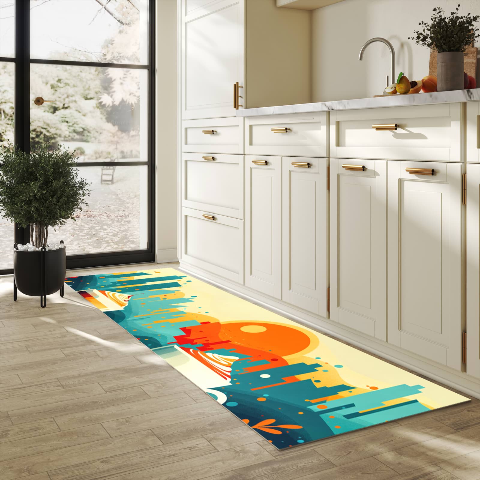 Schmutzabweisender Teppichläufer mit Motiv Kaffee Am Abend in heller Küche