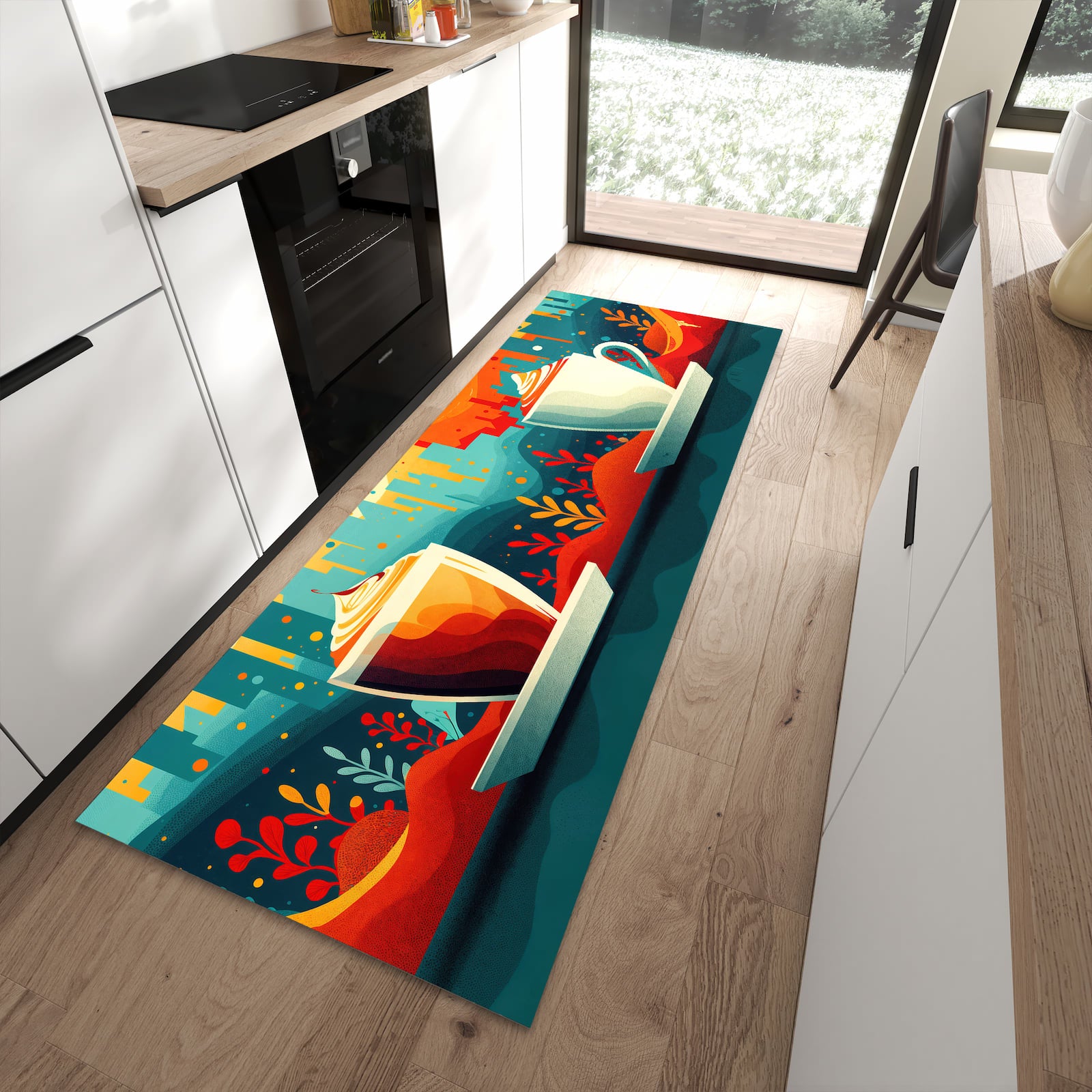 Pflegeleichter Läufer für die Küche mit Motiv Kaffee Am Abend in moderner Küche