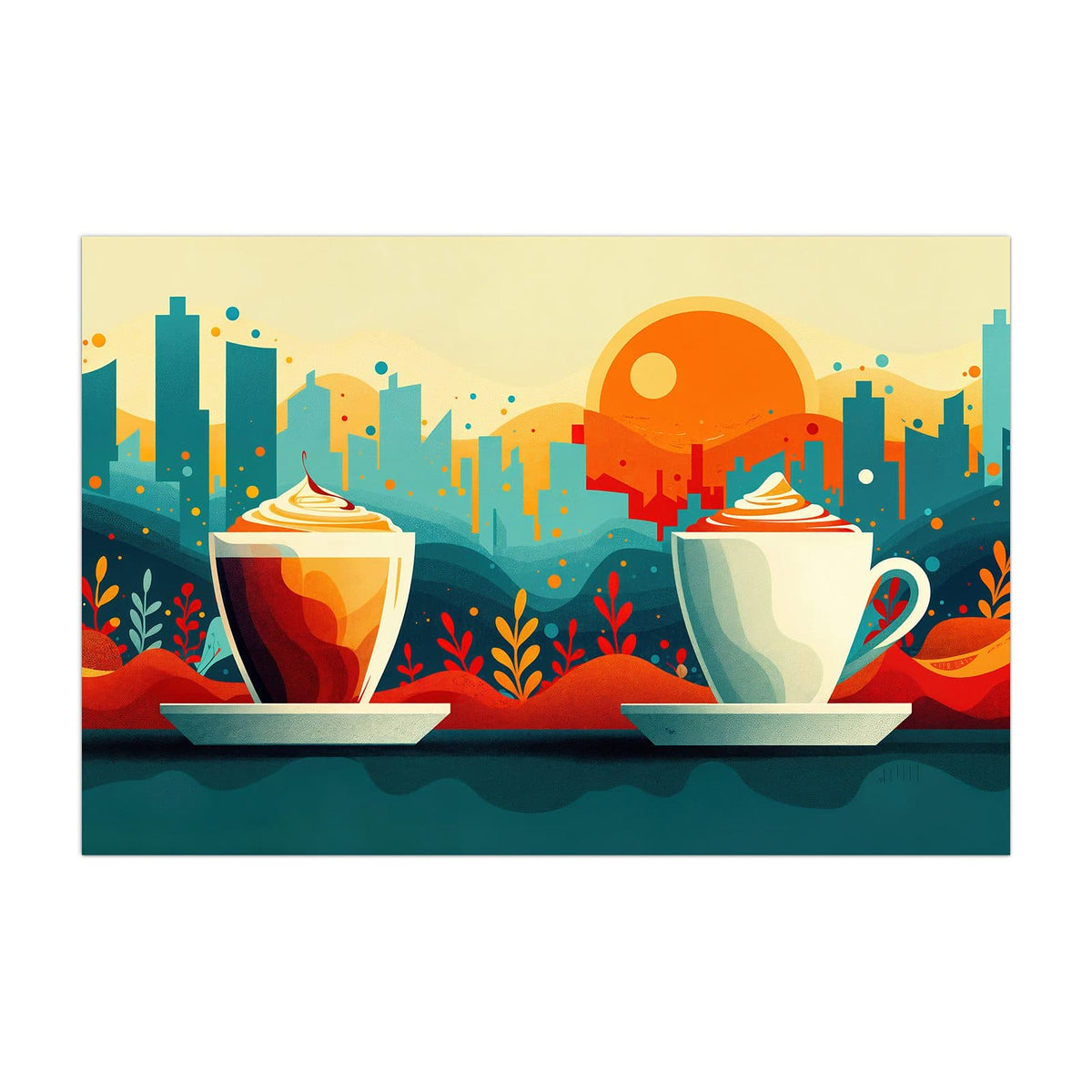 Küchenrückwand aus Glas Kaffee mit Stadtblick im Hochformat, Motiv bildfüllend von vorn