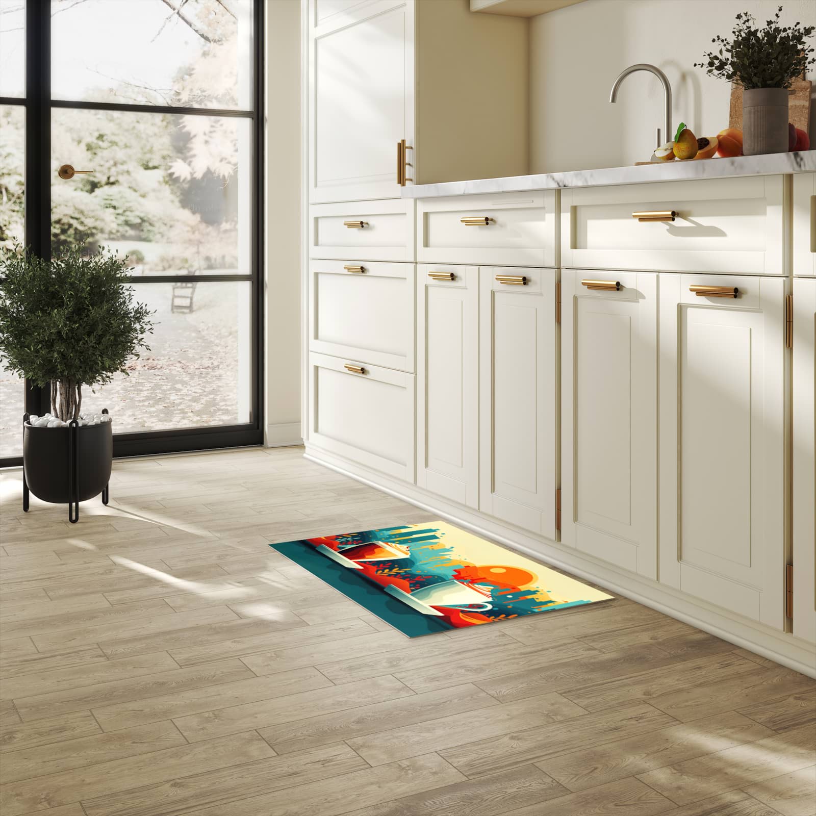 Waschbarer Küchenteppich mit Motiv Kaffee Am Abend für Trittkomfort in heller Küche