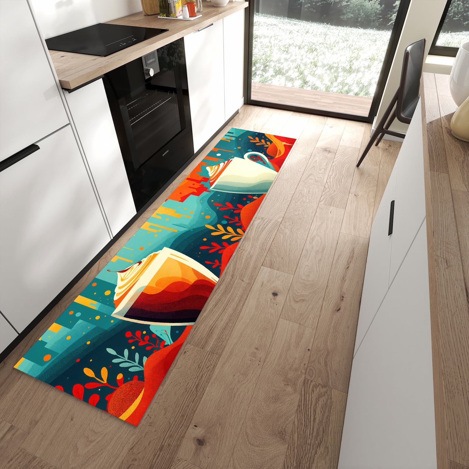 Abriebfester Küchenteppich mit Motiv Kaffee Am Abend in moderner Küche