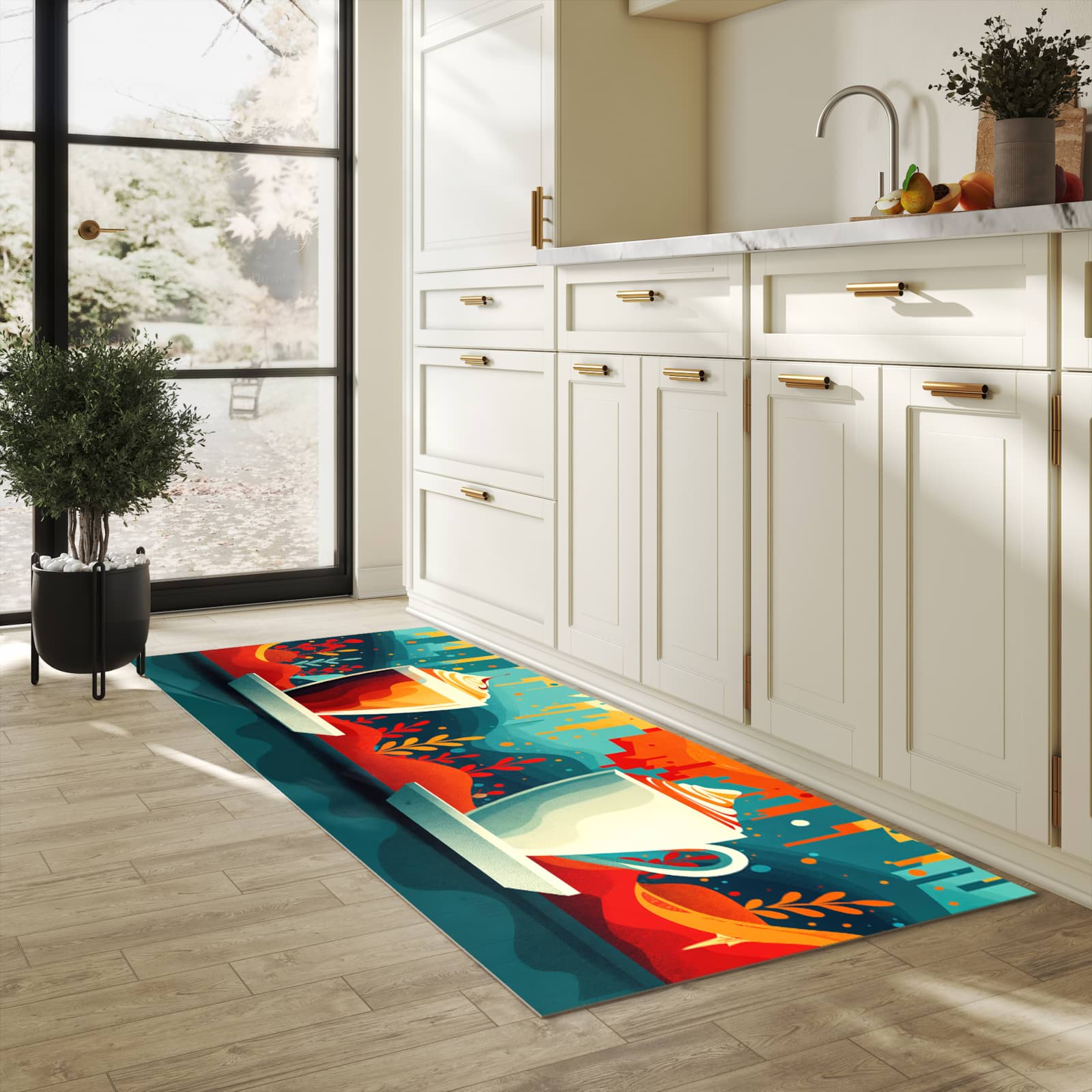 Flacher Küchenläufer mit Motiv Kaffee Am Abend in heller Küche für lange Teppiche