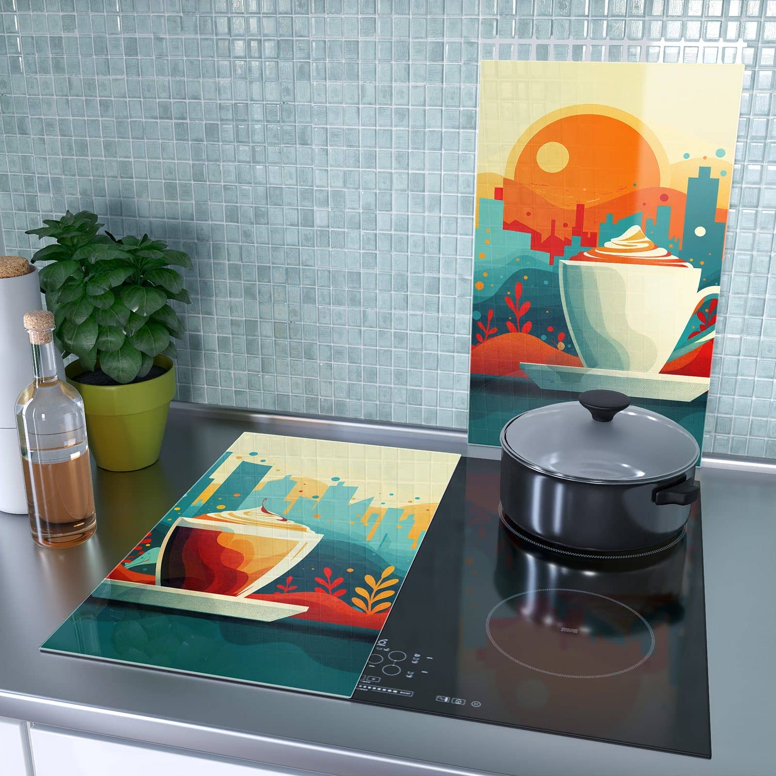2-teilige Herdabdeckplatten für Ceranfeld mit Kaffee Am Abend-Motiv als Spritzschutz hinter dem Kochfeld